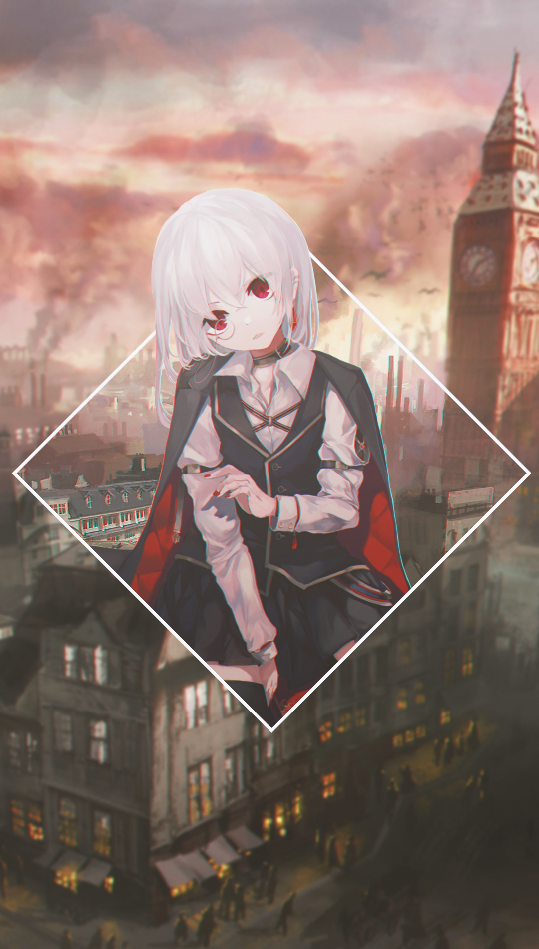 Anime girl with red eyes in front of London cityscape HD Phone Wallpaper