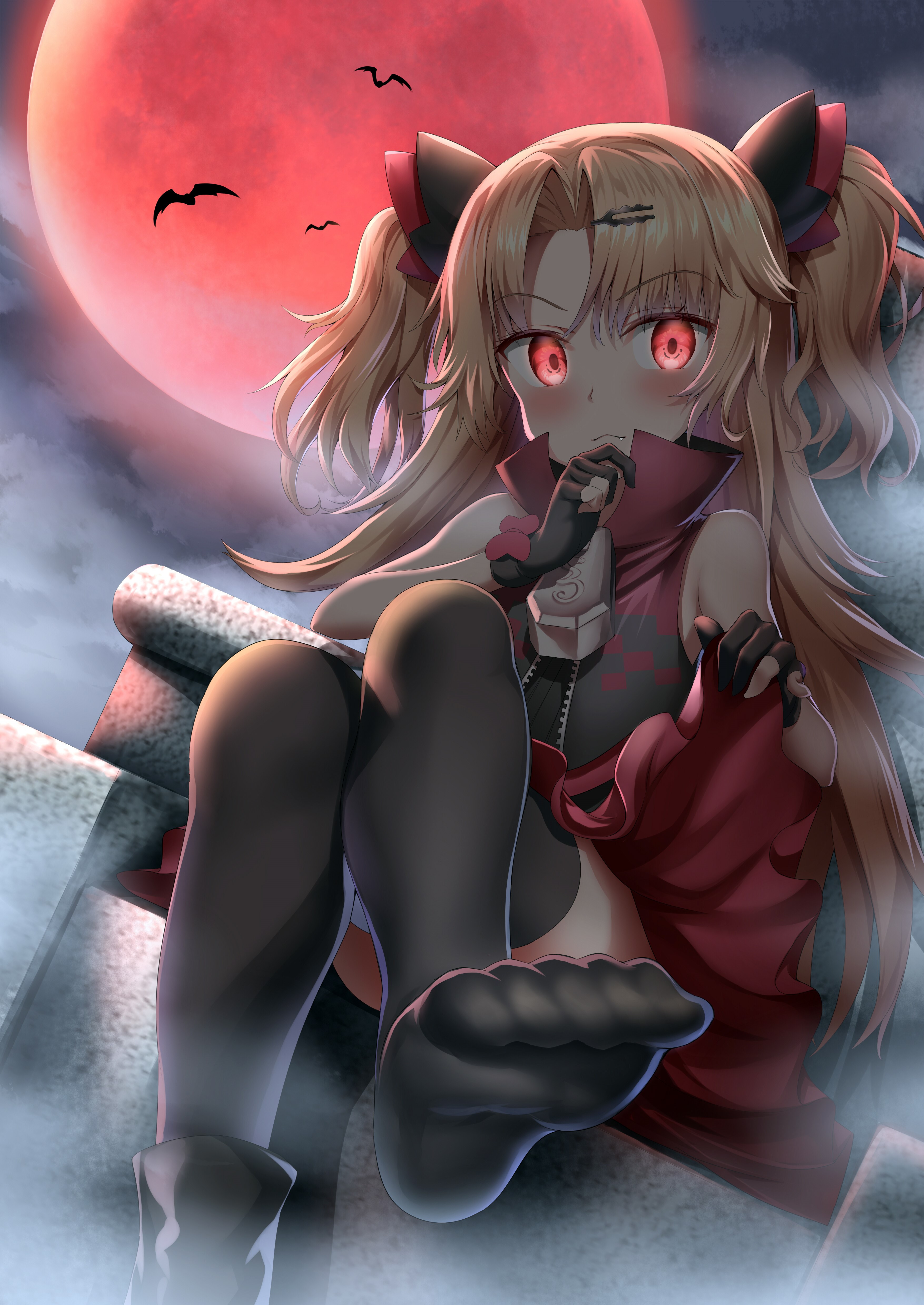 Anime girl with blonde pigtails and red eyes under a red moon HD Phone Wallpaper