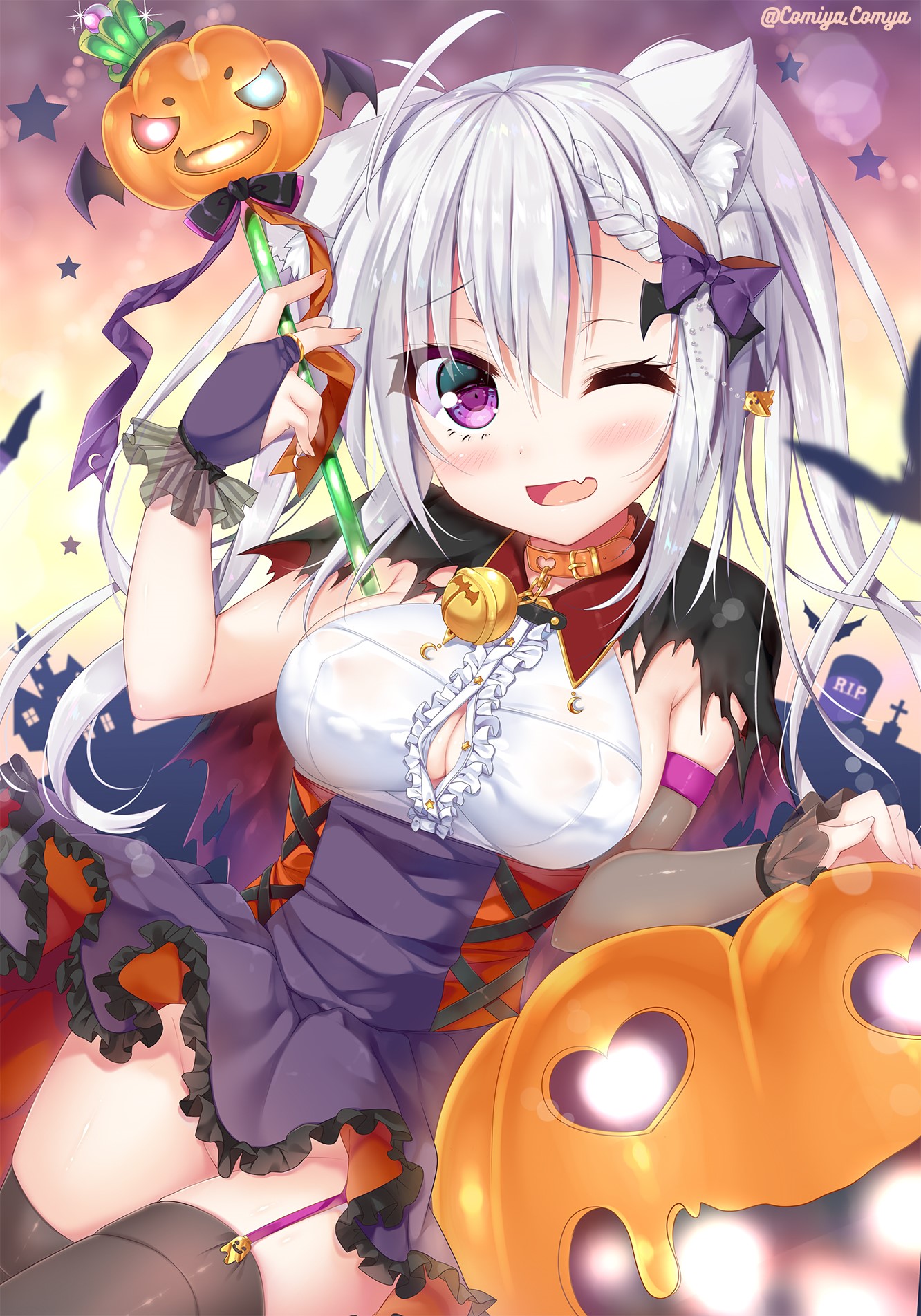 Nekomimi Witch with Pumpkin Staff and Pumpkin HD Phone Wallpaper