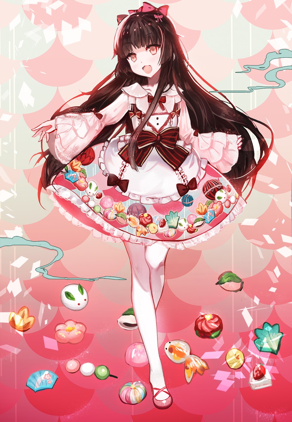 Anime girl with long dark hair and a pink dress HD Phone Wallpaper