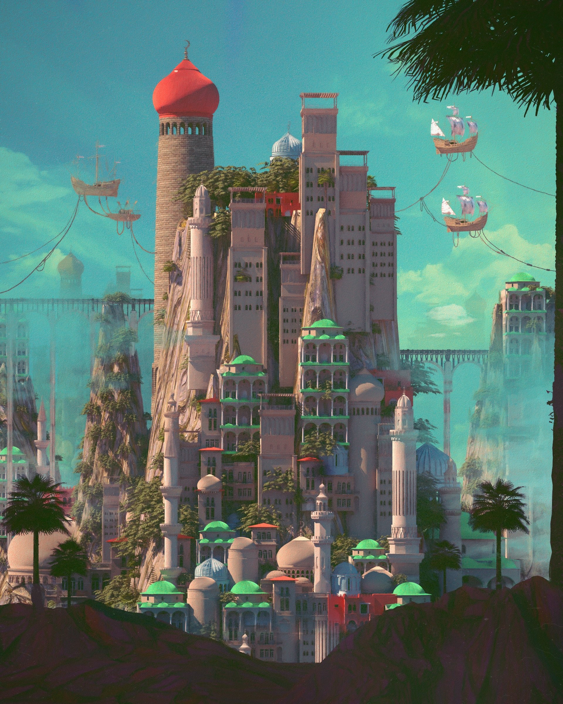 Futuristic city with flying ships and minarets HD Phone Wallpaper