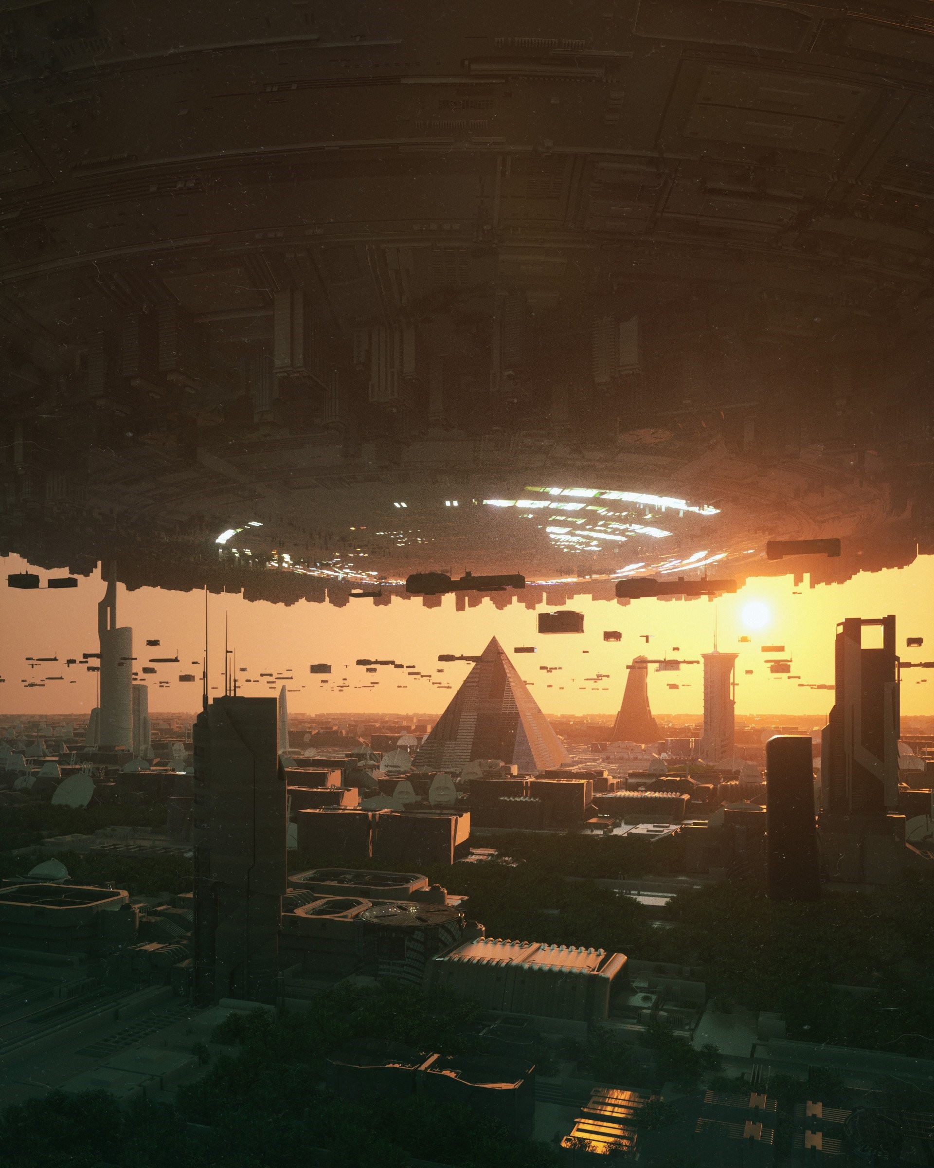 Futuristic city with pyramids and flying vehicles at sunset HD Phone Wallpaper