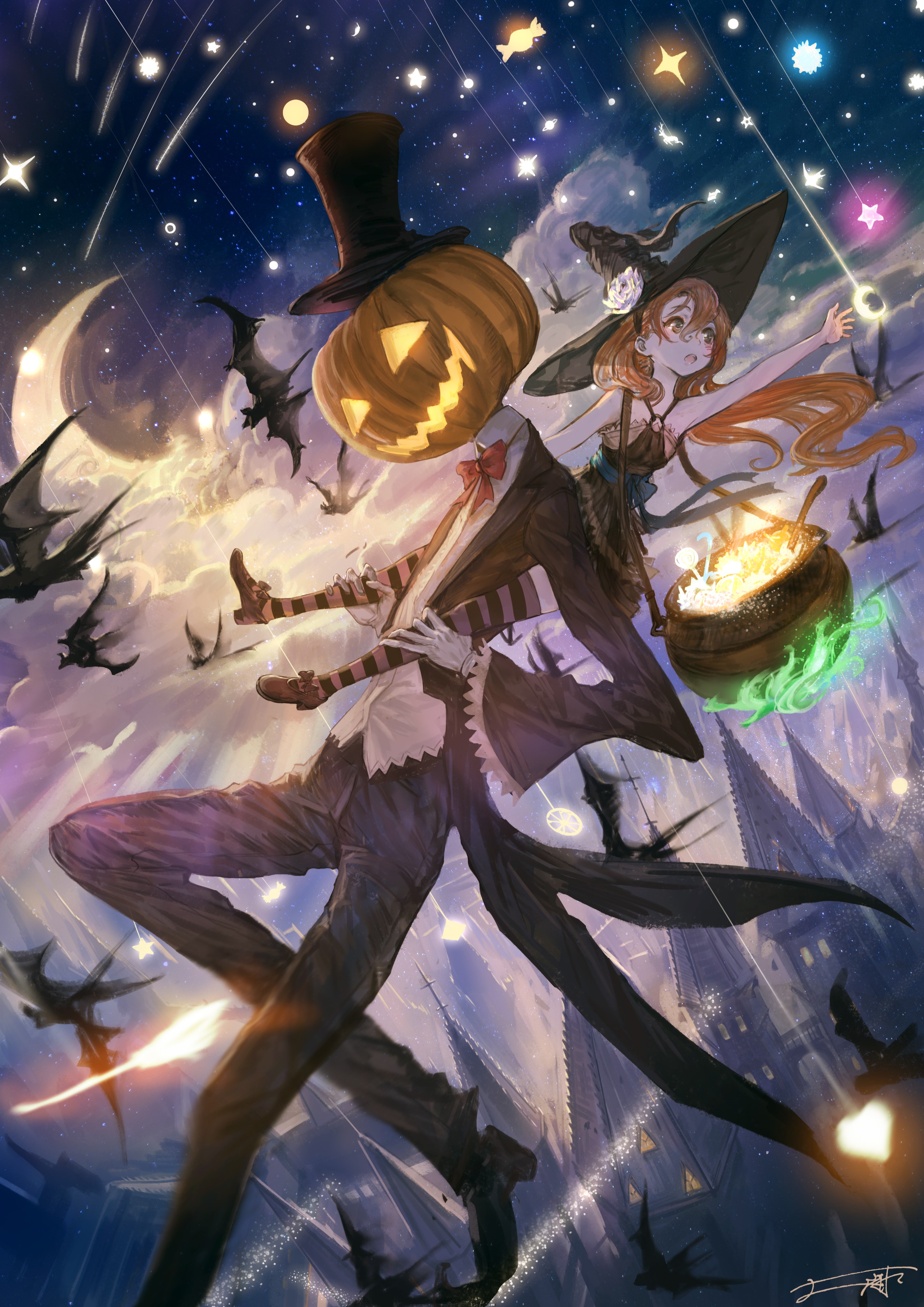 Jack-o'-lantern man and witch girl with cauldron HD Phone Wallpaper