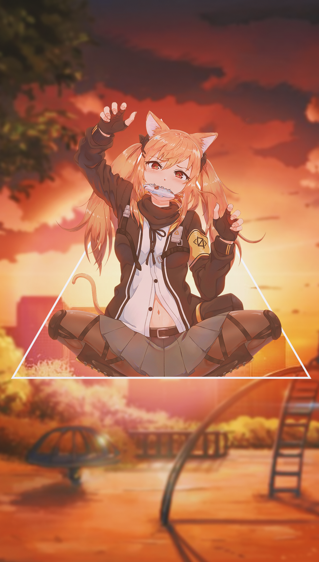 Anime girl with cat ears holding a fish HD Phone Wallpaper
