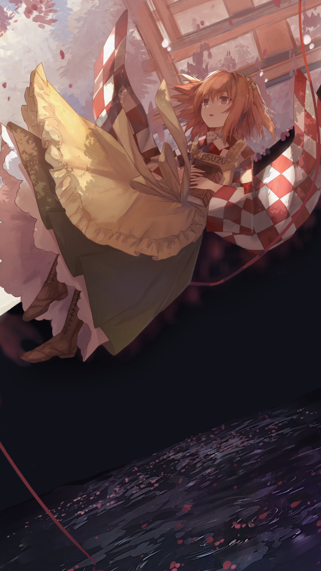 Anime girl with orange hair holding a book HD Phone Wallpaper