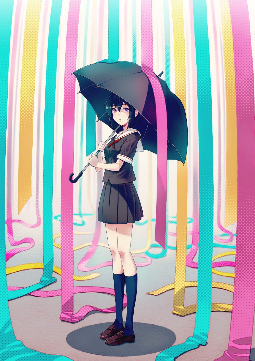 Anime girl with umbrella among colorful ribbons HD Phone Wallpaper