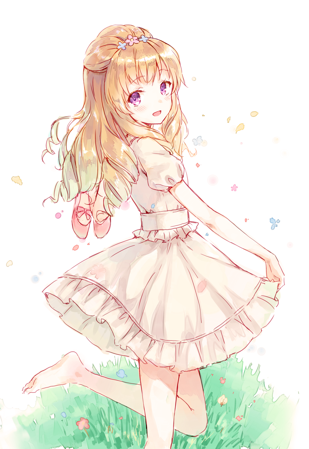 Anime girl with blonde hair and purple eyes in a dress HD Phone Wallpaper