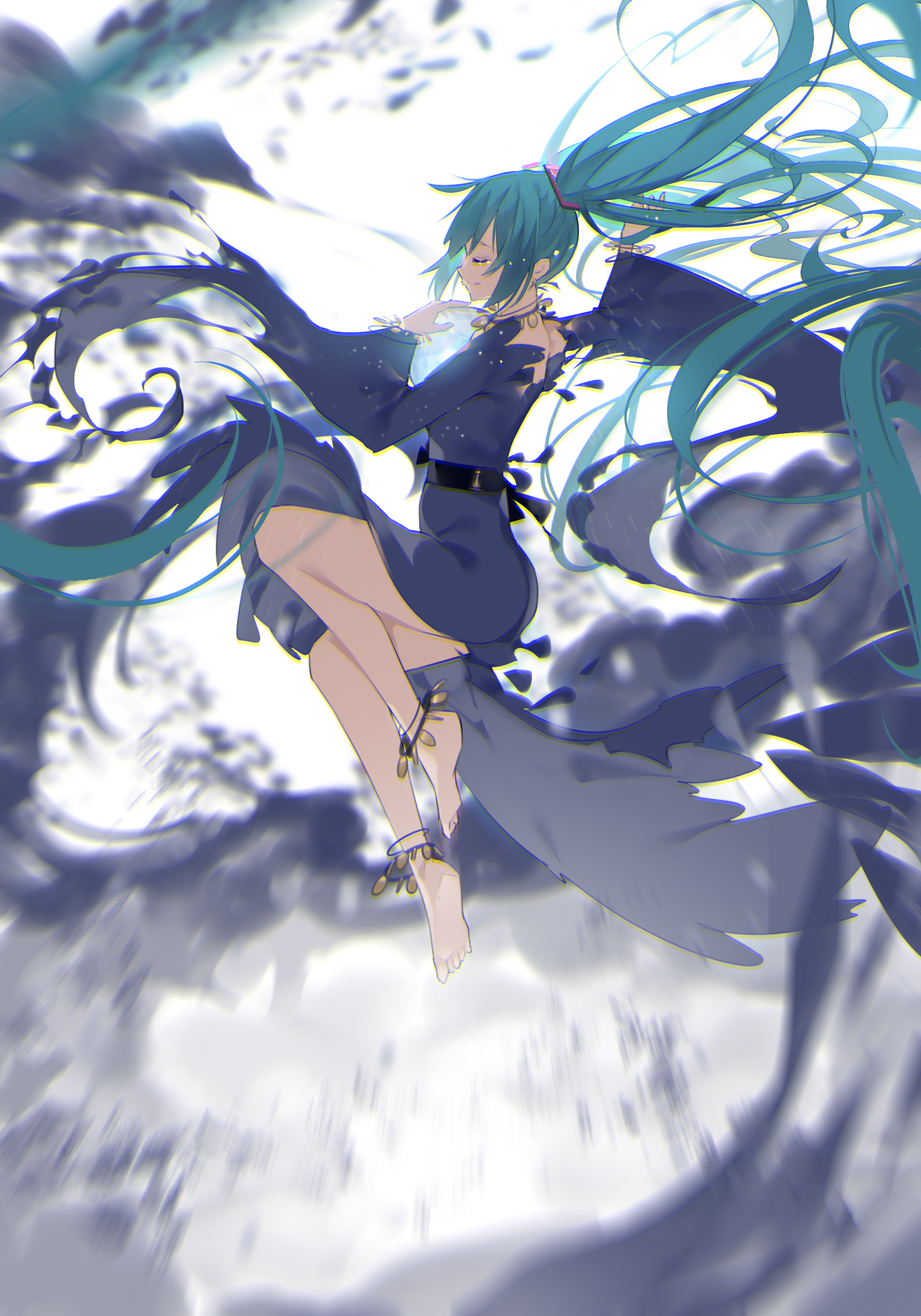 Hatsune Miku floating with dark ribbons HD Phone Wallpaper