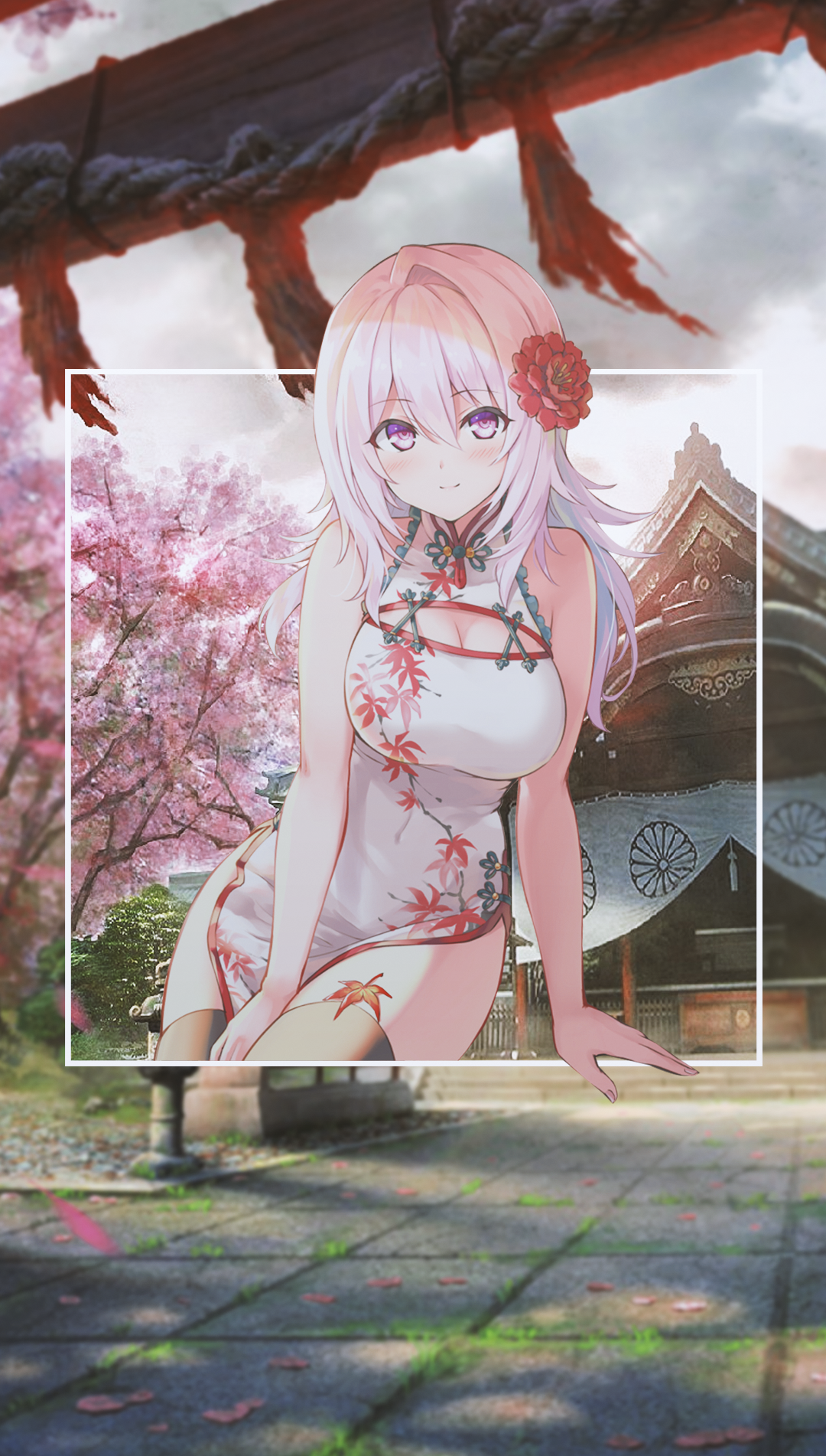 Anime girl in a white dress with red flowers HD Phone Wallpaper