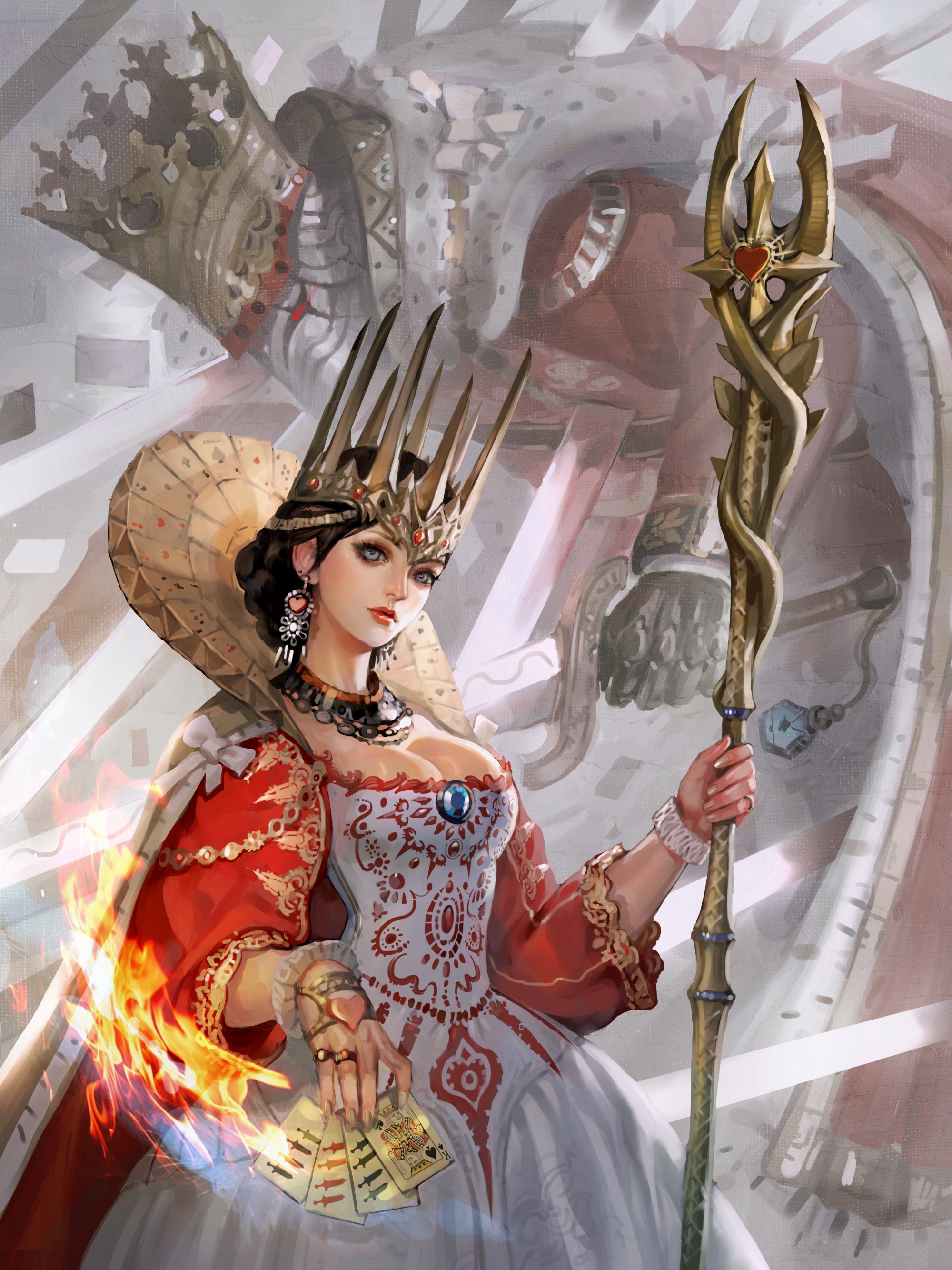 Fantasy queen holding cards and staff HD Phone Wallpaper