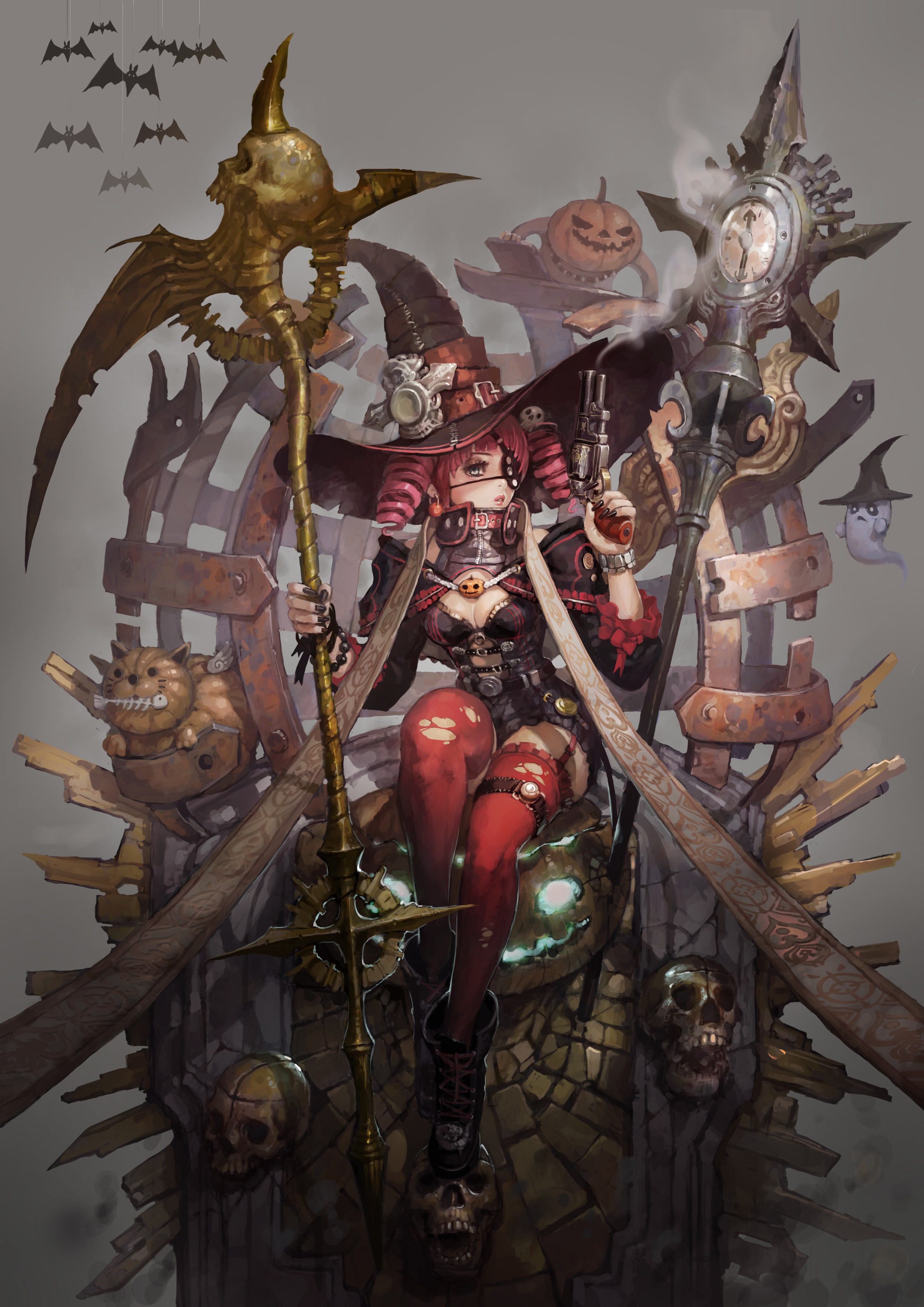 Steampunk witch with scythe and gun on throne HD Phone Wallpaper