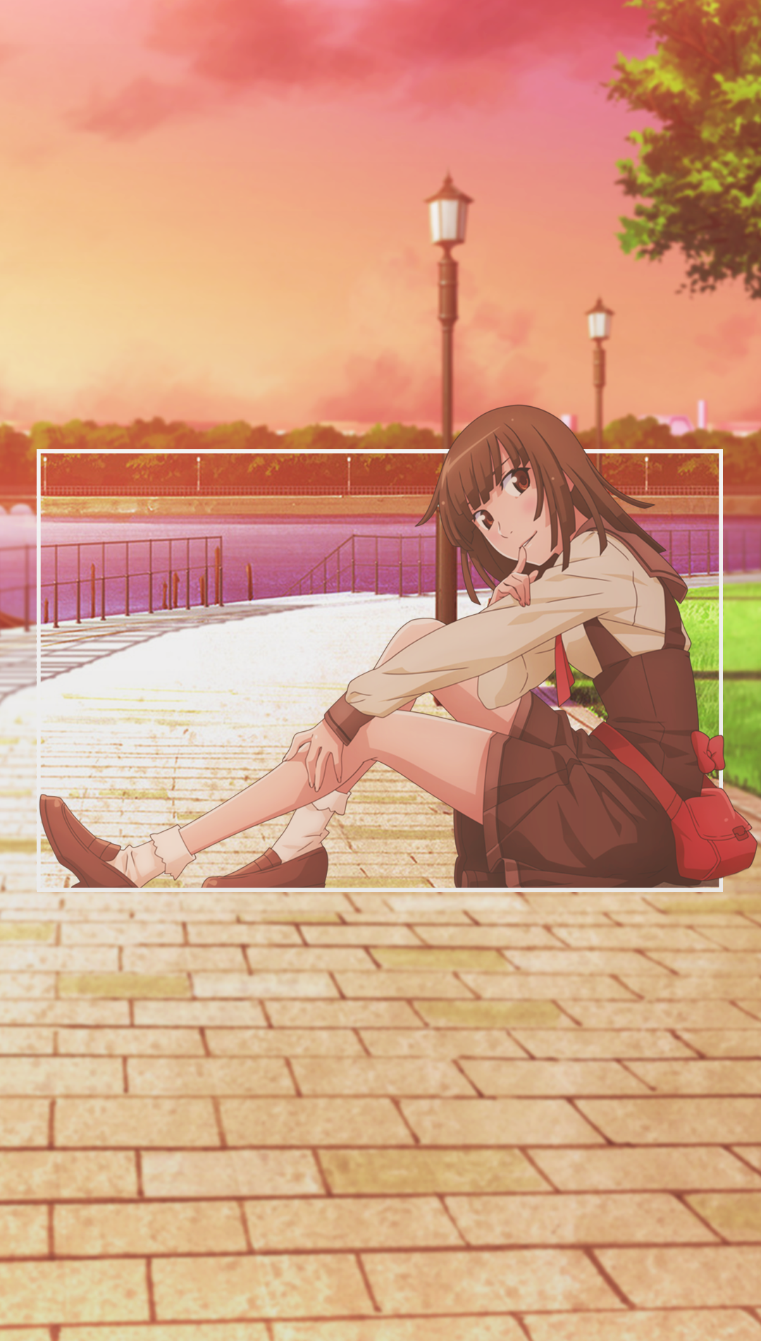 Anime girl sitting by a river at sunset HD Phone Wallpaper