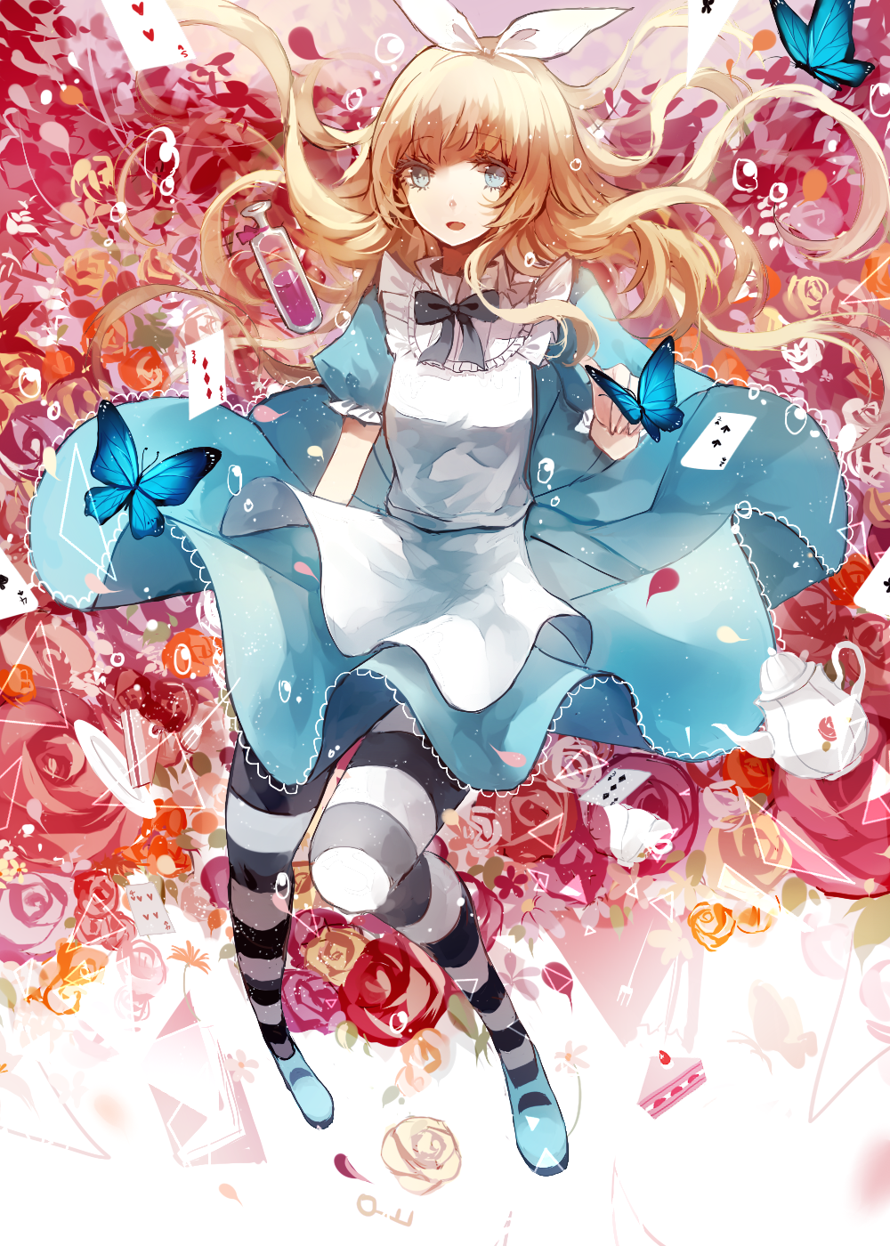 Anime girl in blue dress with butterflies and roses HD Phone Wallpaper