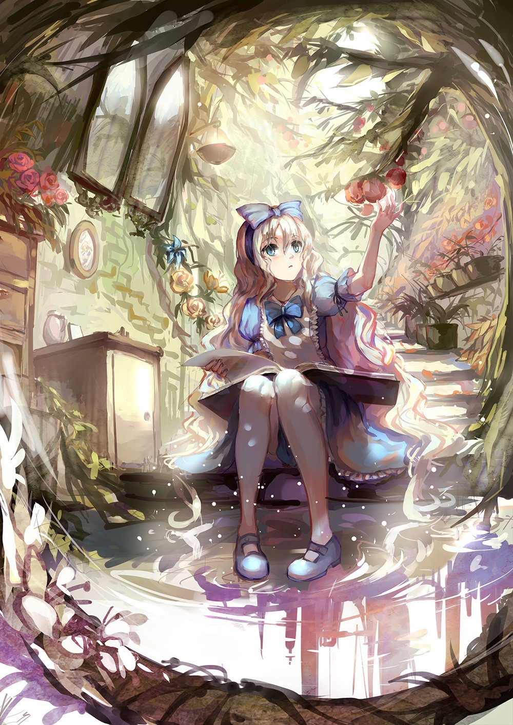 Anime girl with blonde hair reading a book in a garden HD Phone Wallpaper