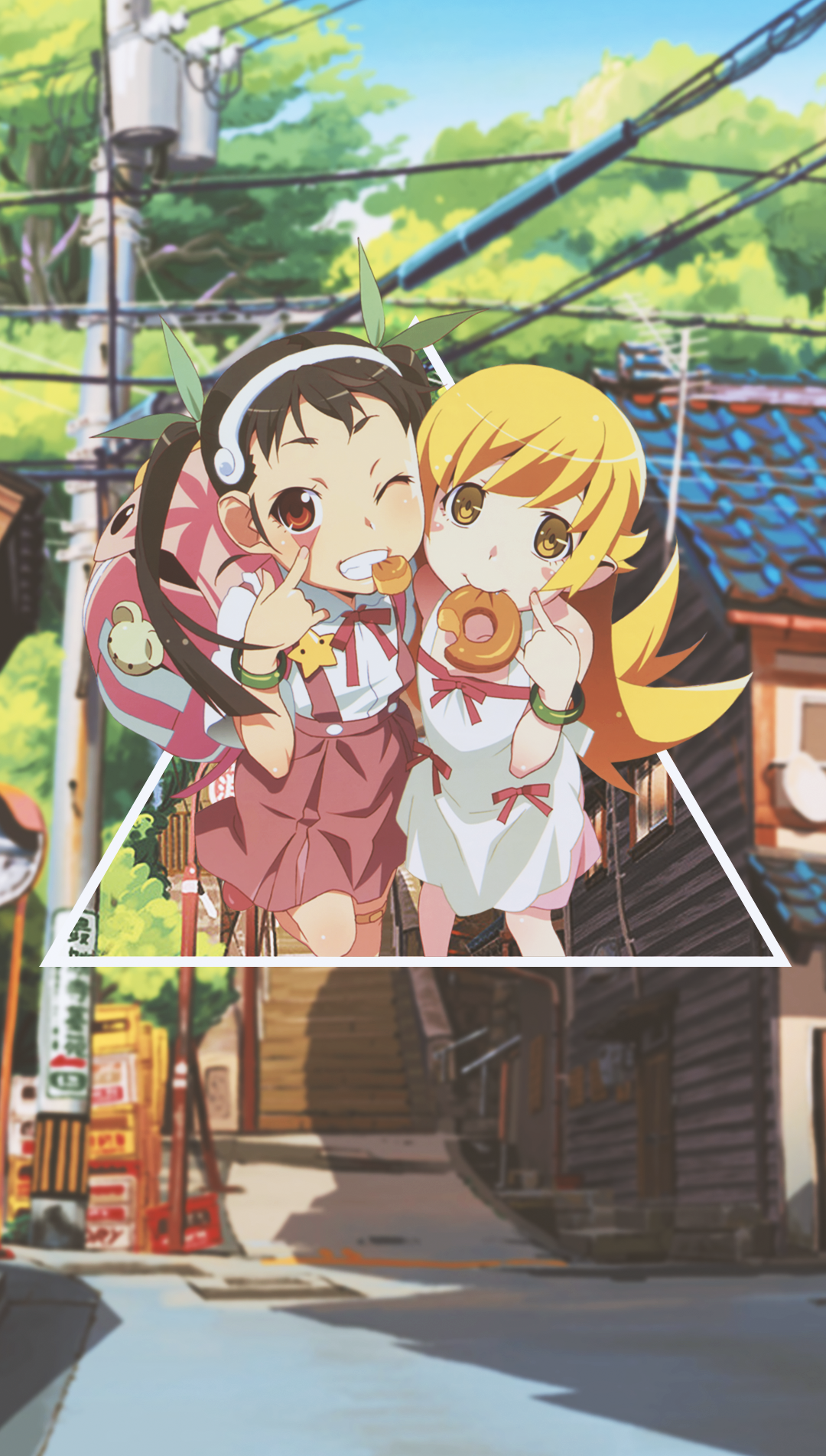 Oshino Shinobu and Hachikuji Mayoi from Monogatari Series eating donuts HD Phone Wallpaper