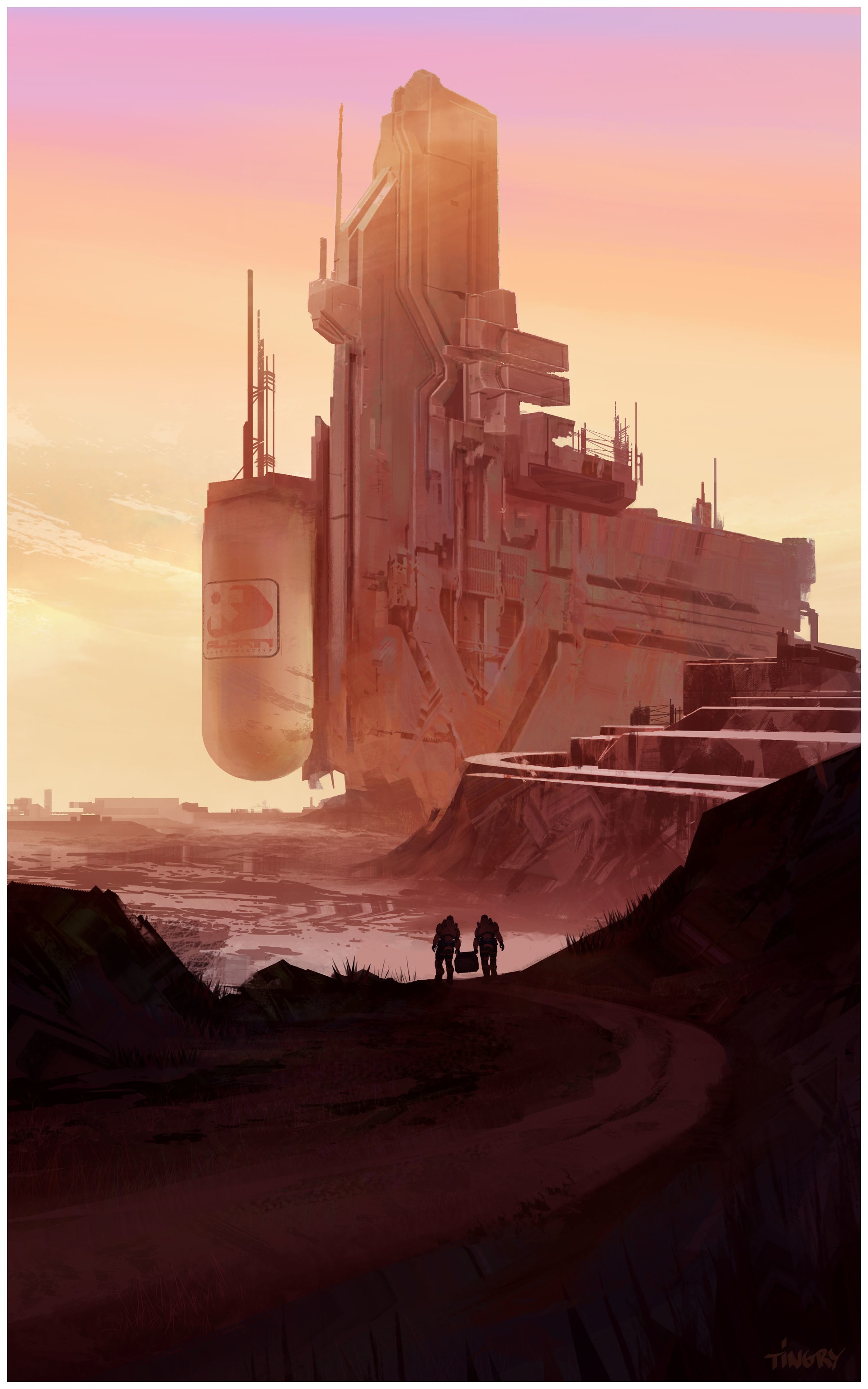 Futuristic science fiction building with two figures HD Phone Wallpaper