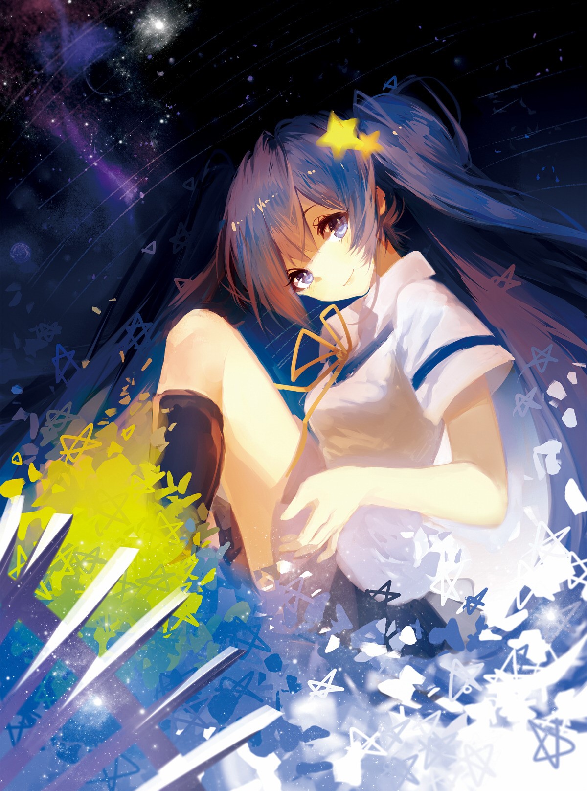 Anime girl with blue hair and stars in space HD Phone Wallpaper