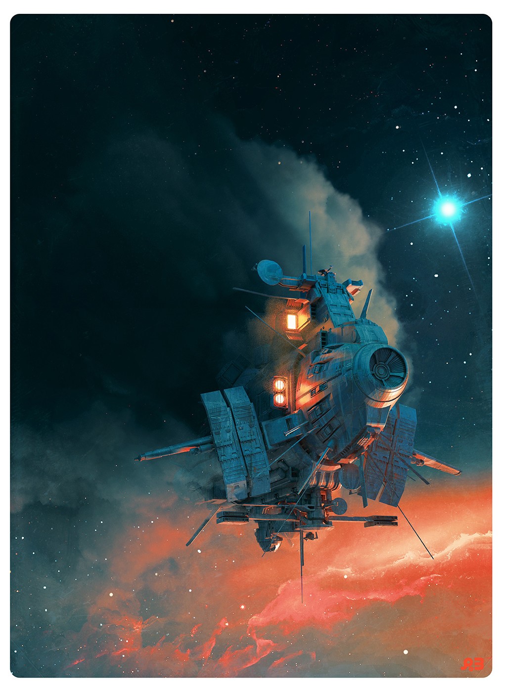 Spaceship artwork in a nebula with stars HD Phone Wallpaper