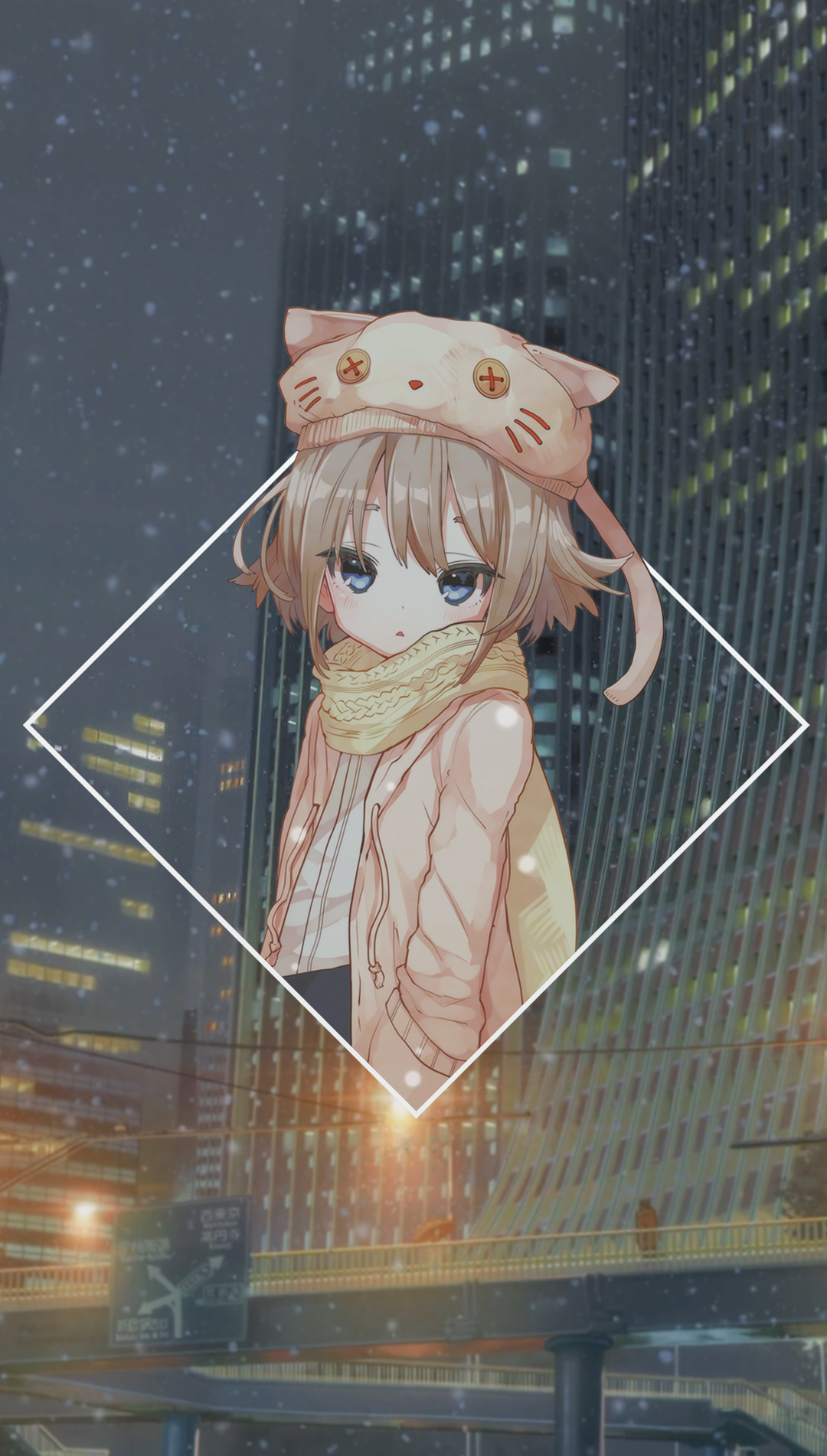 Anime girl in cat hat in snowy city HD Phone Wallpaper