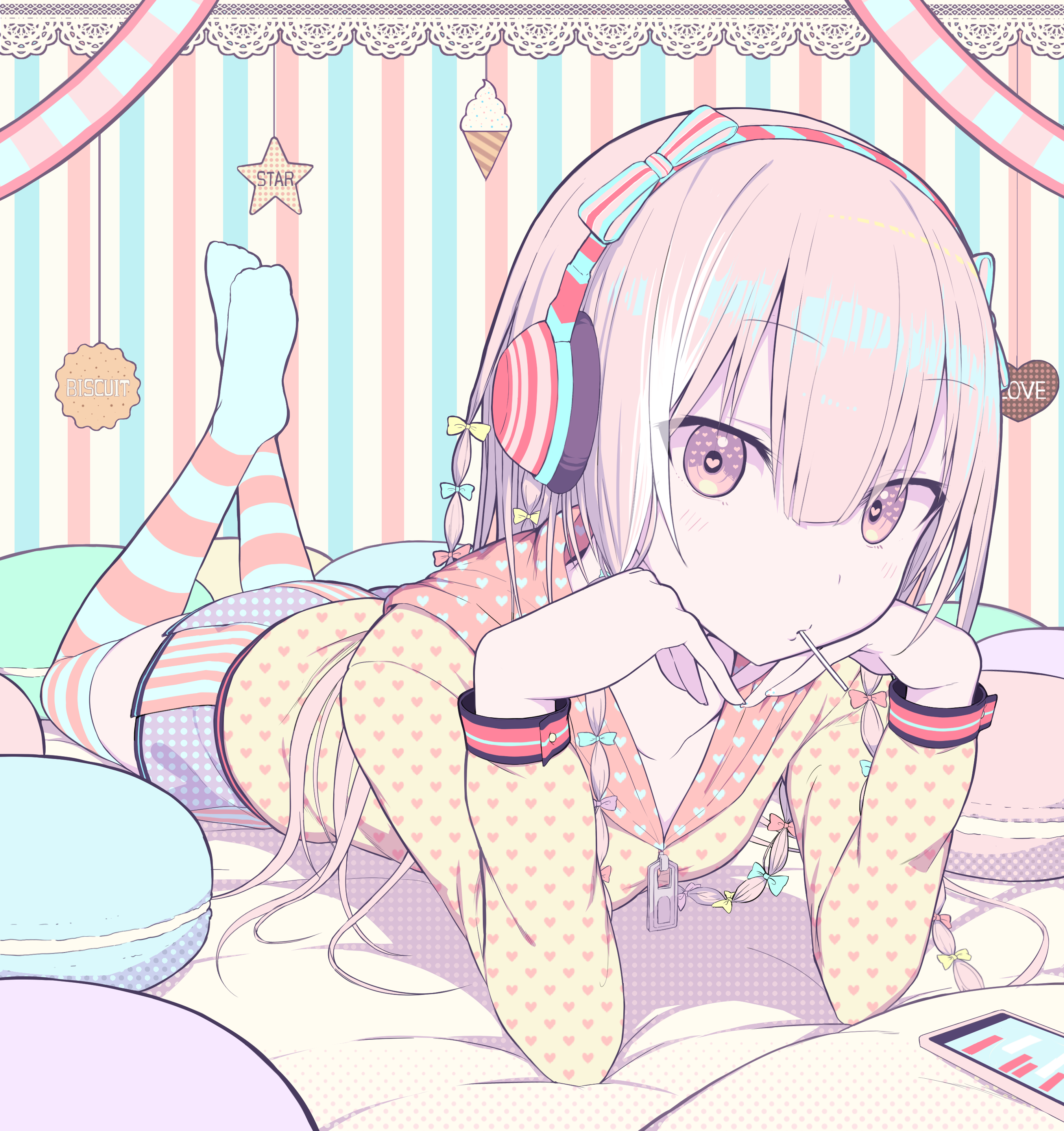 Anime girl with headphones lying in bed HD Phone Wallpaper