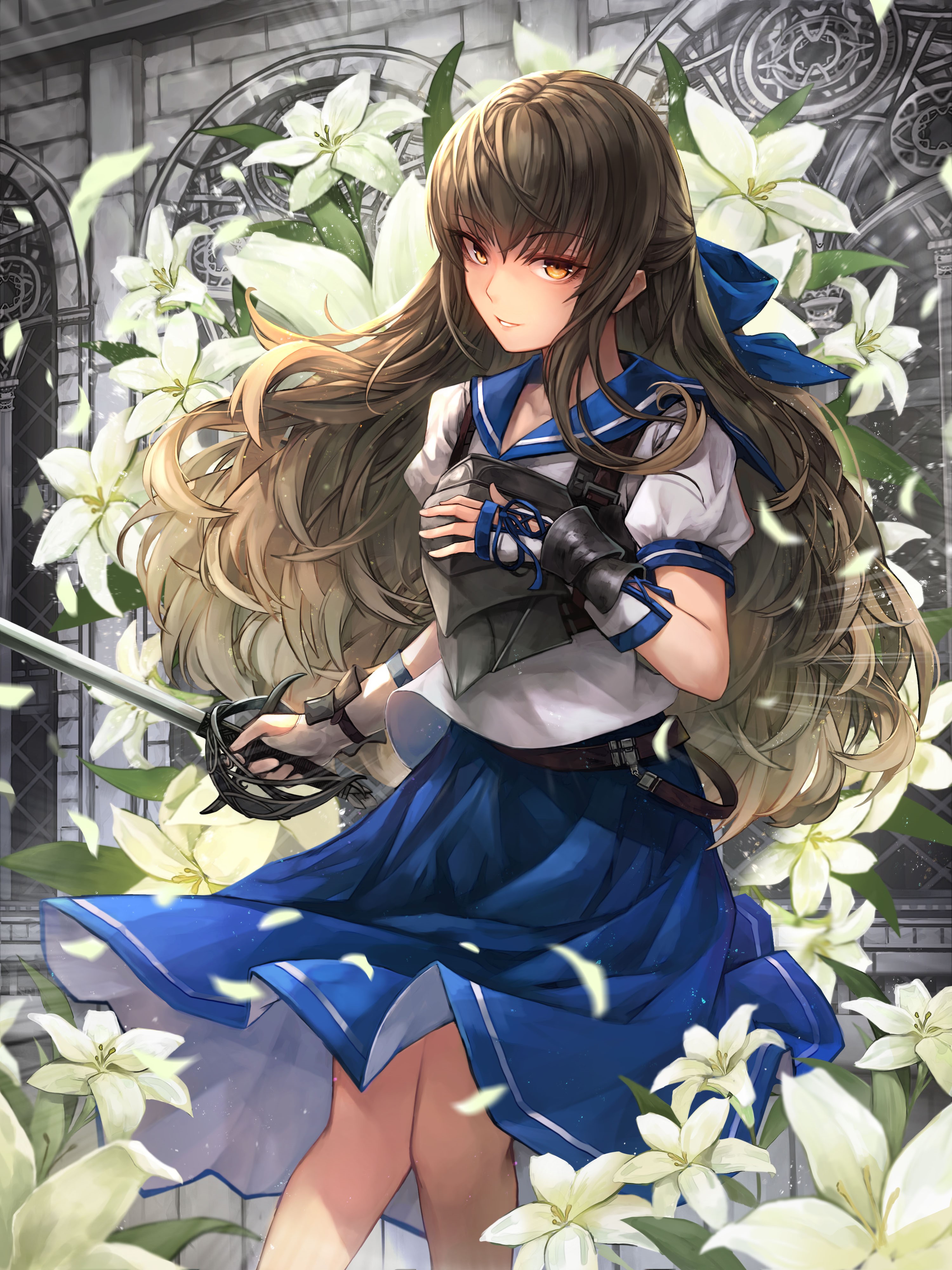 Anime girl with sword and lilies HD Phone Wallpaper