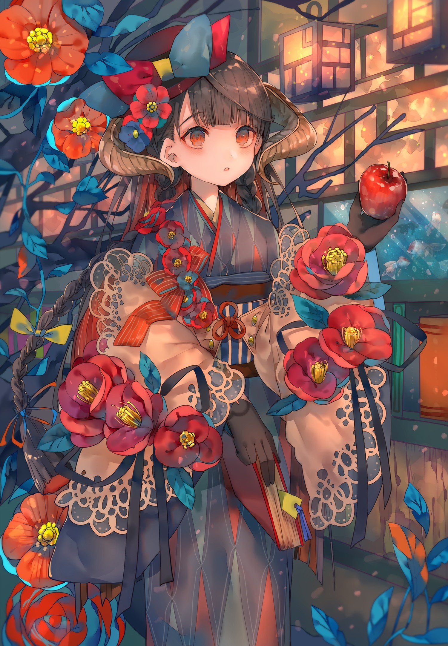 Anime girl with horns and flowers holding an apple HD Phone Wallpaper