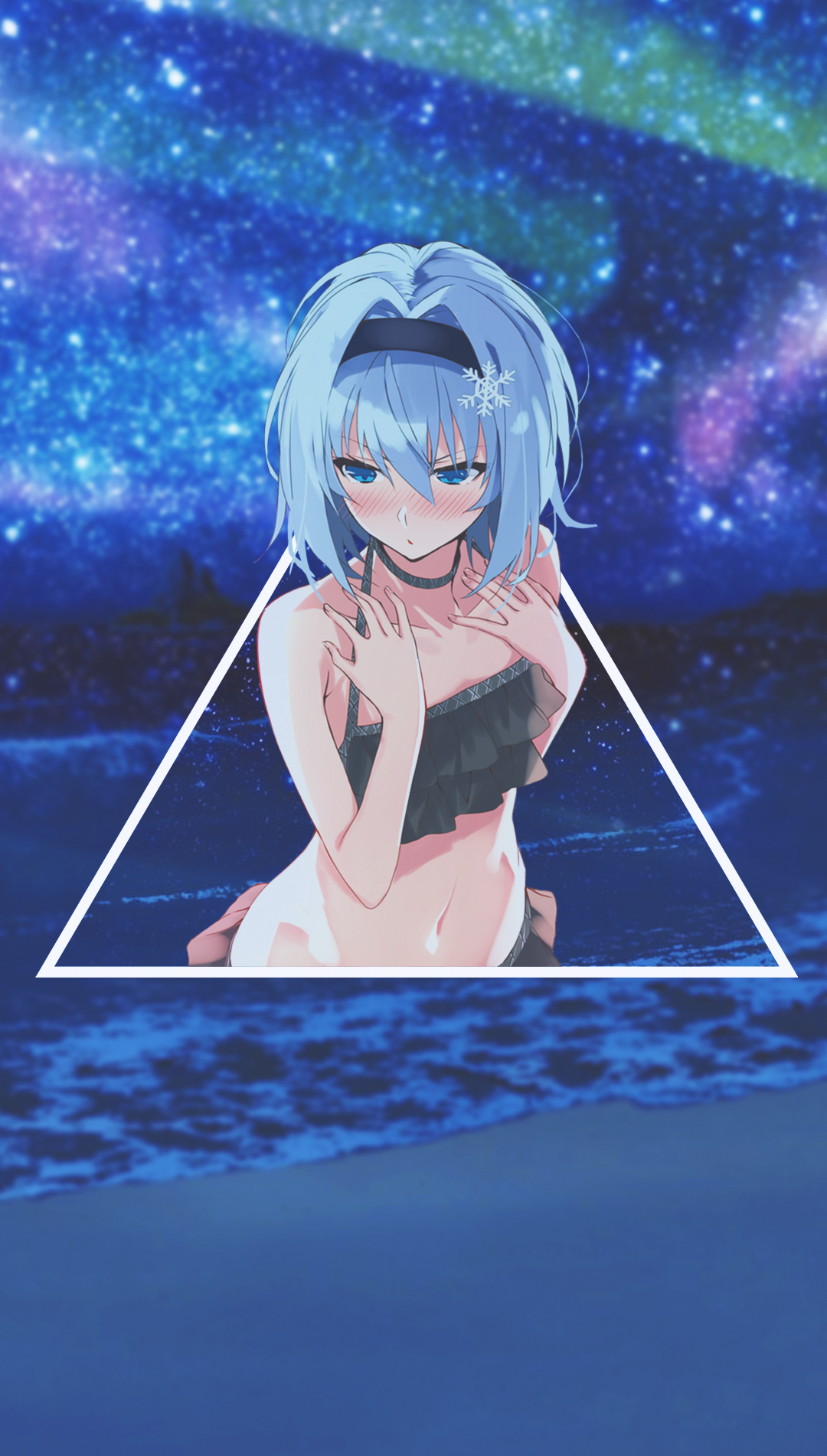 Anime girl with blue hair in a black bikini on a beach HD Phone Wallpaper
