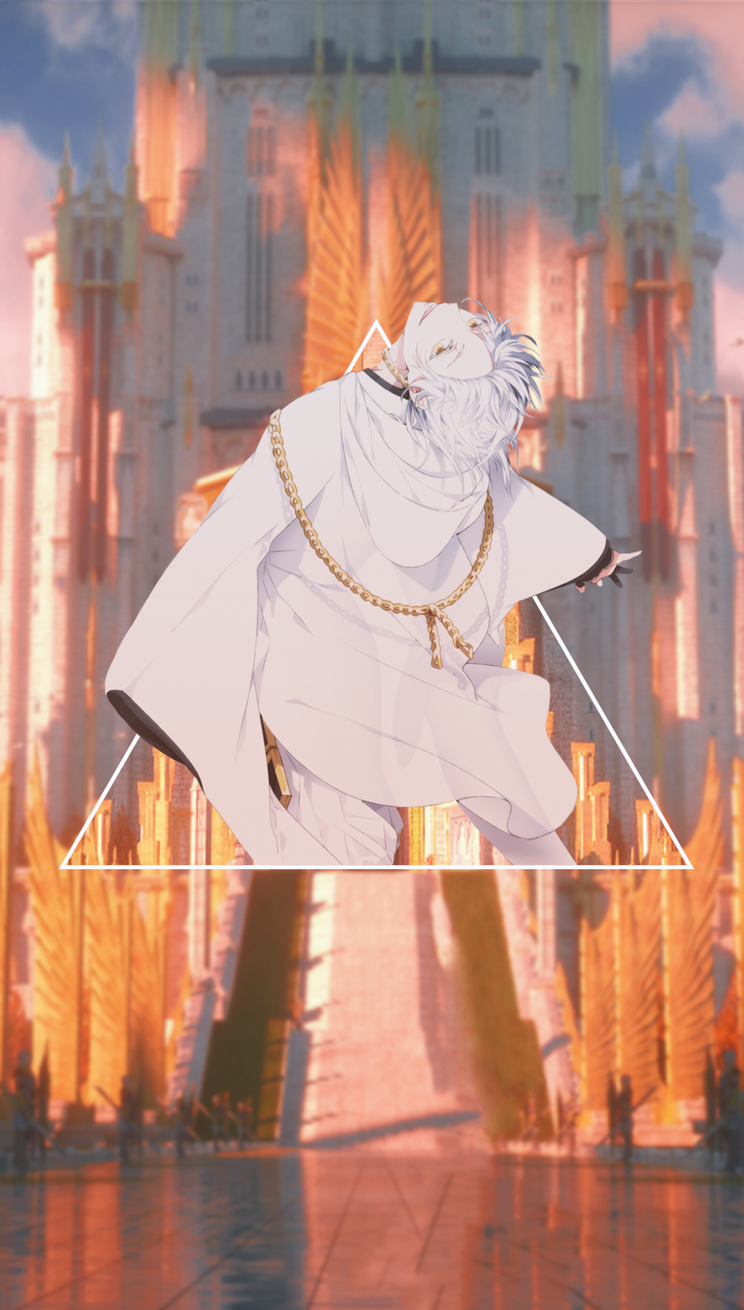 Anime character with white hair in a fantasy city HD Phone Wallpaper