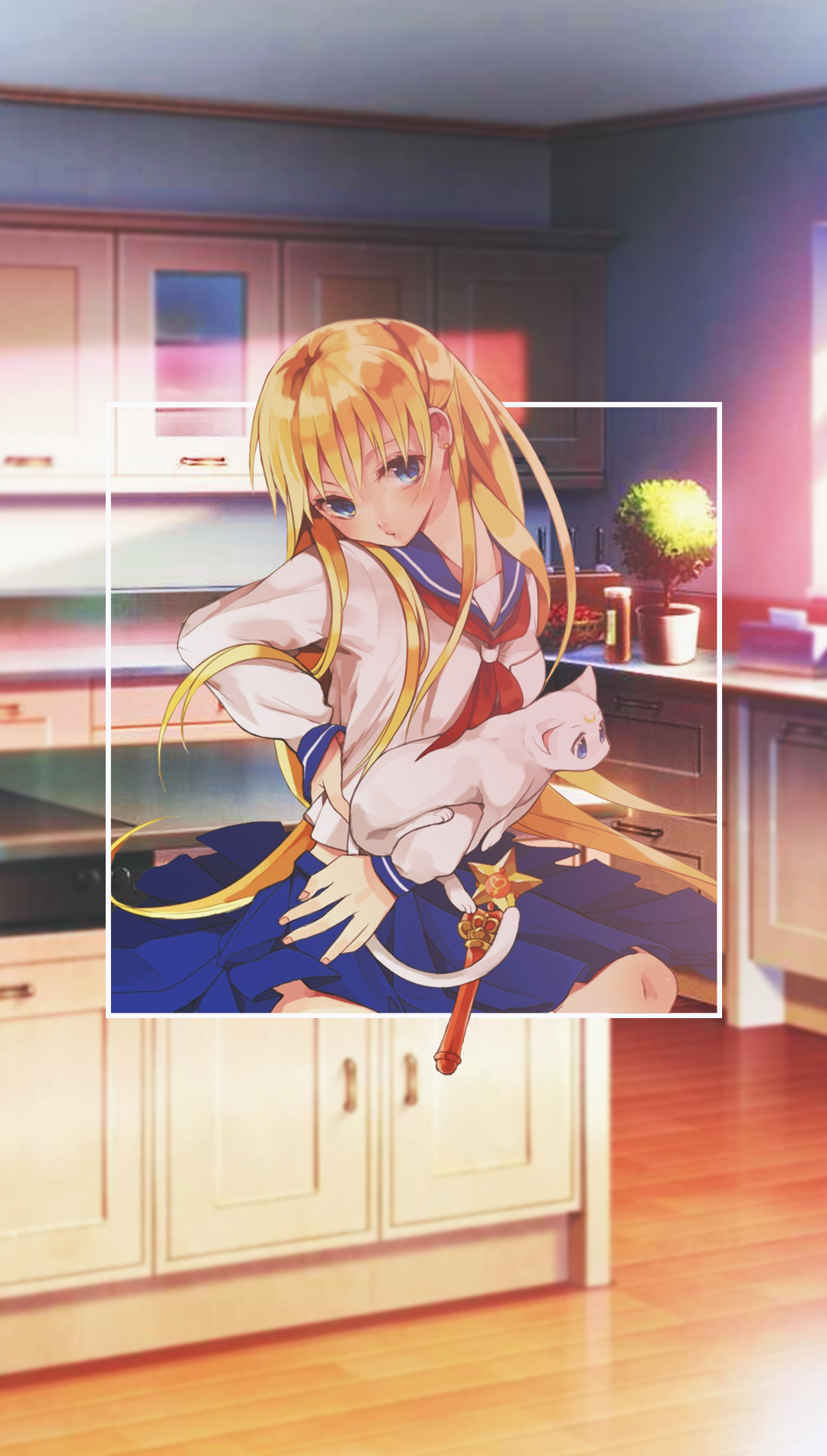 Anime girl with blonde hair holding a cat HD Phone Wallpaper