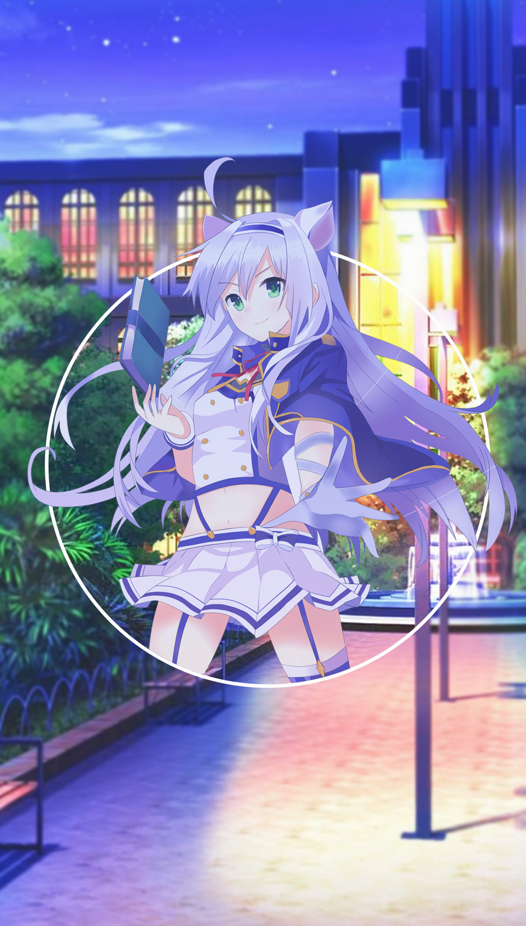 Anime girl with purple hair and cat ears holding a book HD Phone Wallpaper