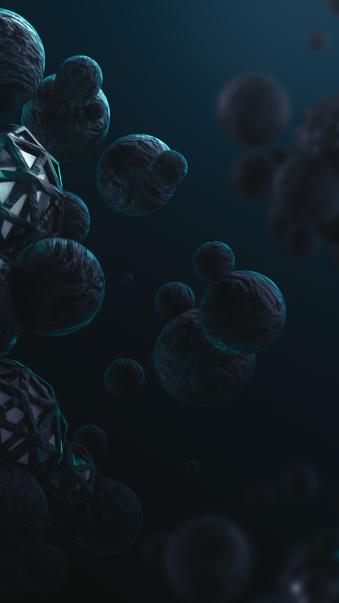 Abstract 3D render of floating dark spheres and geometric shapes HD Phone Wallpaper