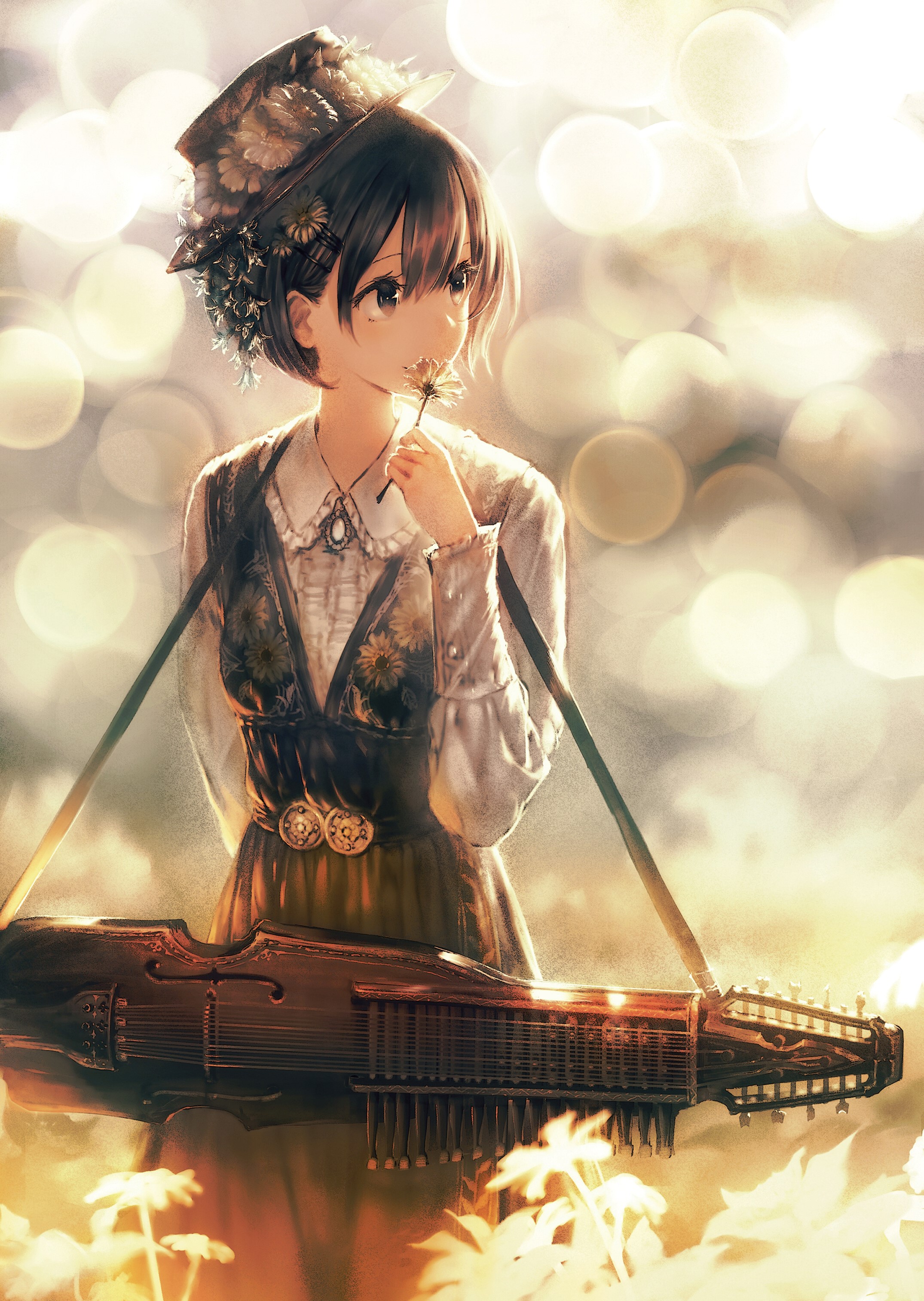 Anime girl with a hat and a musical instrument HD Phone Wallpaper