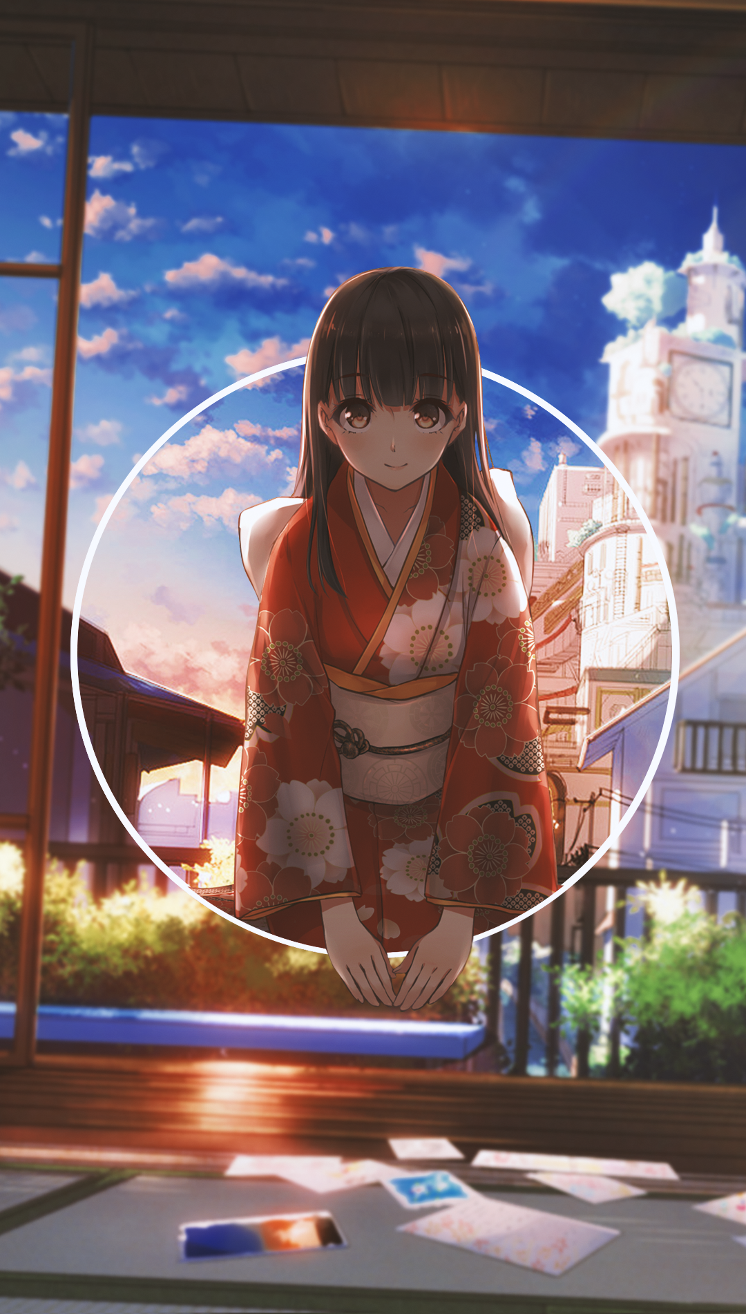 Anime girl in kimono in front of a town HD Phone Wallpaper