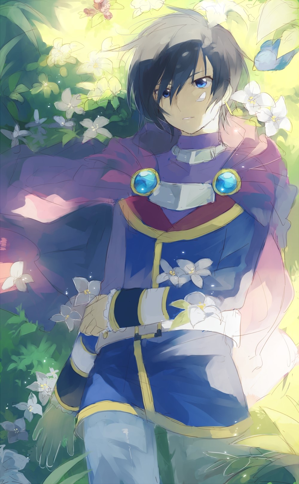 Anime boy with blue eyes and black hair in a garden HD Phone Wallpaper