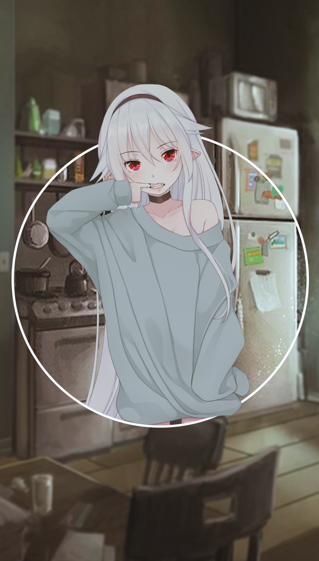Anime girl with white hair and red eyes in a kitchen HD Phone Wallpaper