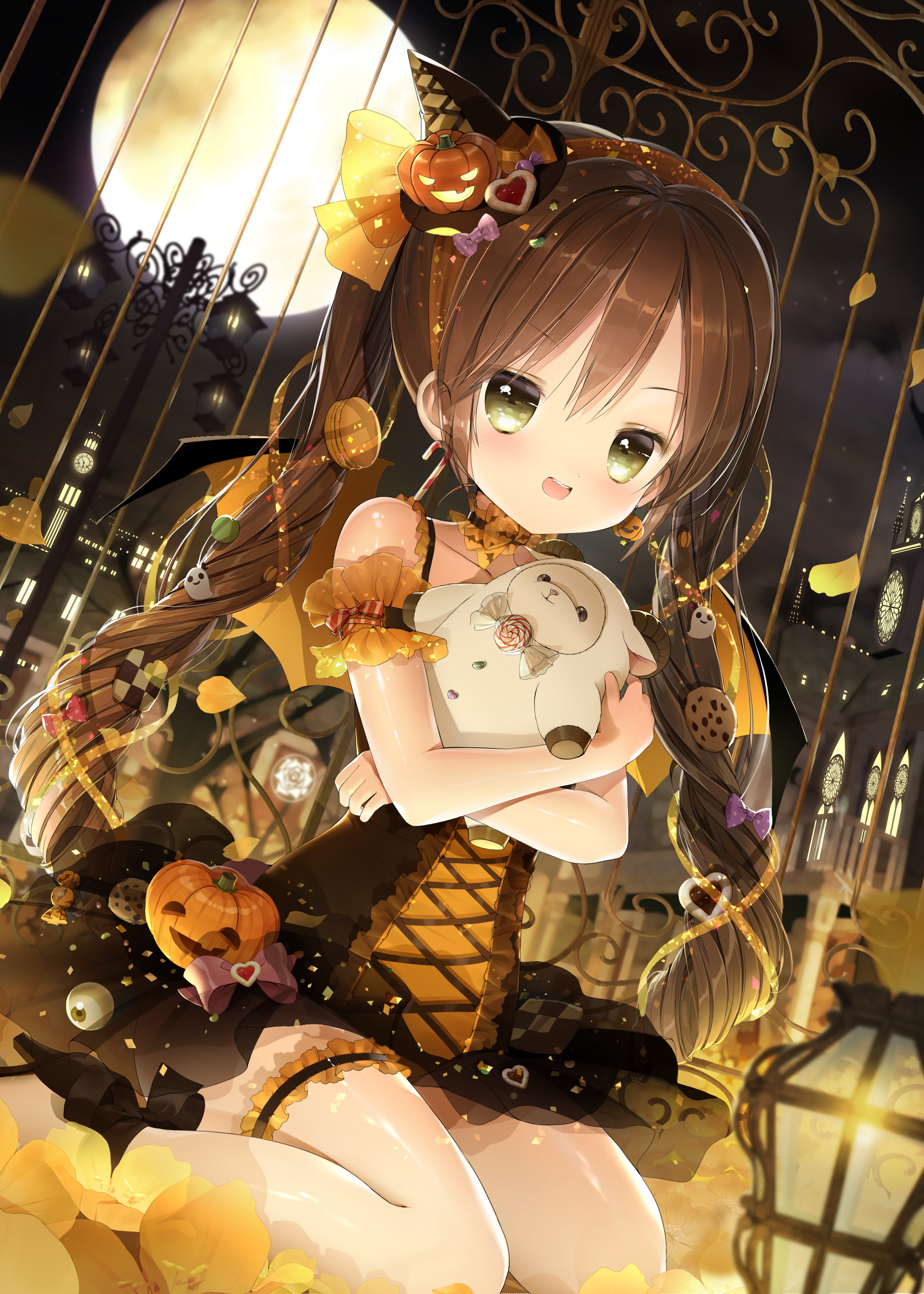 Girl in Halloween Witch Costume Holding a Plush Toy HD Phone Wallpaper