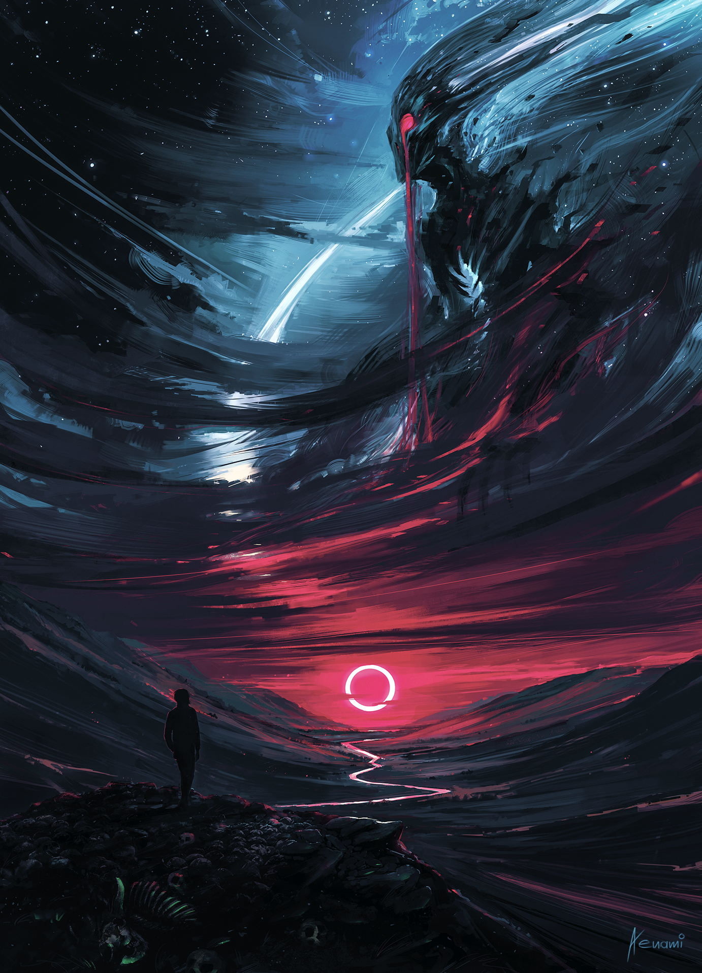 Artwork of a demon-like entity in a cosmic landscape HD Phone Wallpaper