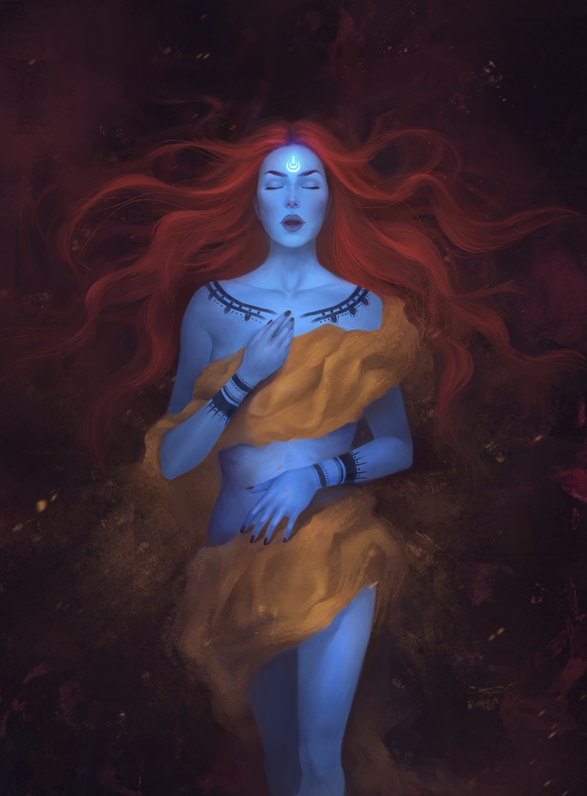 Blue-skinned woman with red hair and tattoos HD Phone Wallpaper