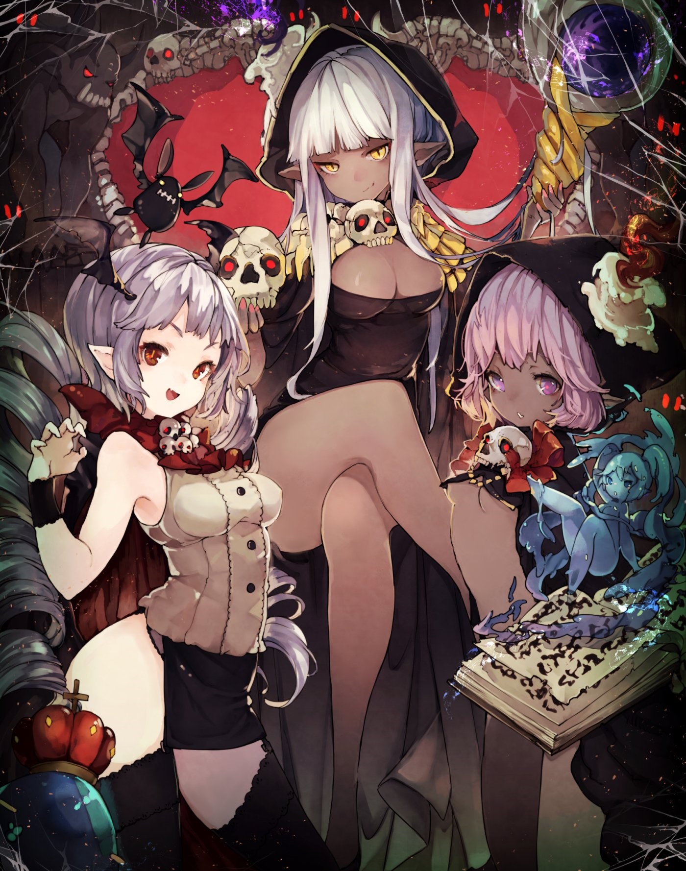 Three Halloween witches with skulls and bats HD Phone Wallpaper