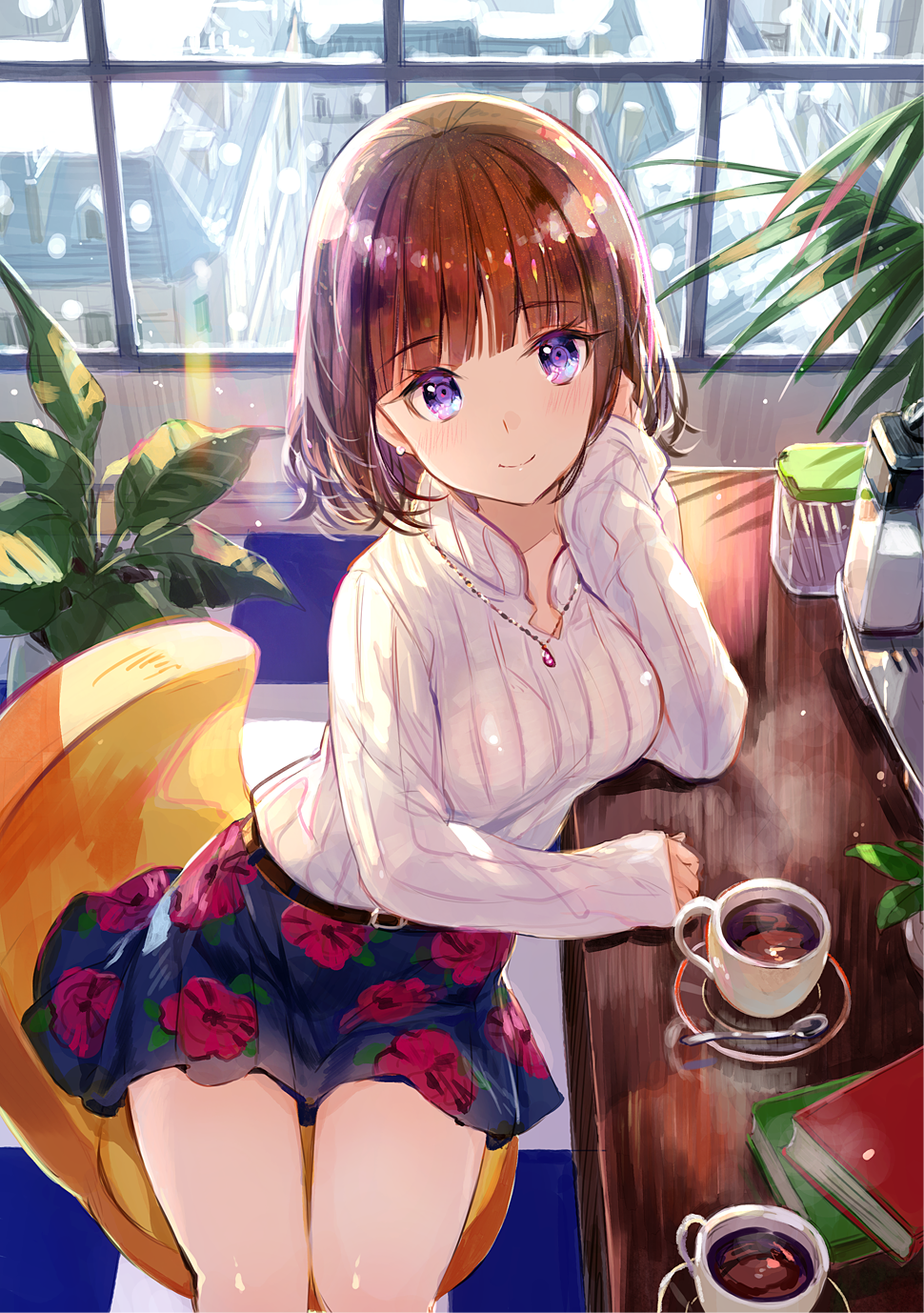 Anime girl with purple eyes and short brown hair at a cafe HD Phone Wallpaper