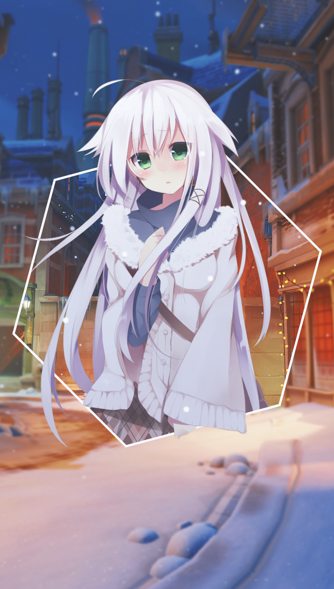 Anime girl with white hair and green eyes in winter clothes HD Phone Wallpaper