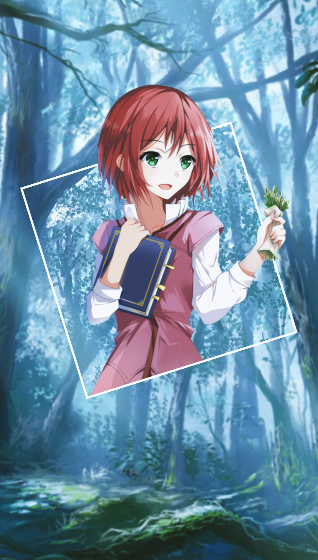 Anime girl with red hair and green eyes holding a book and plant in a forest HD Phone Wallpaper
