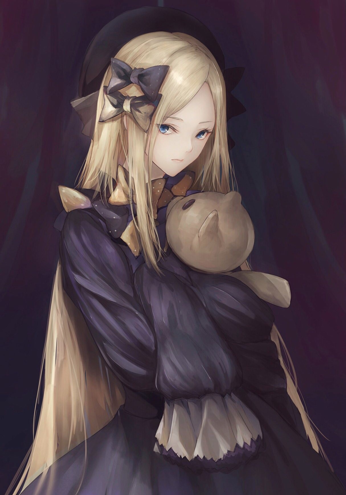 Anime girl with blonde hair and blue eyes holding a stuffed toy HD Phone Wallpaper