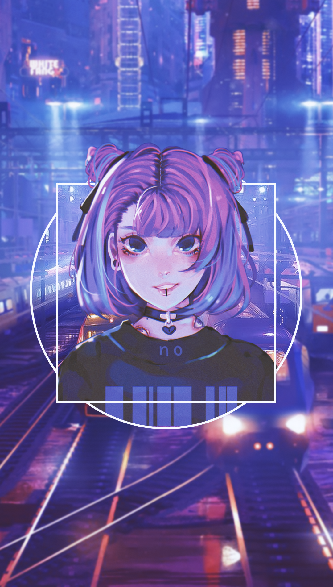 Anime girl with pink hair and blue eyes in a city HD Phone Wallpaper