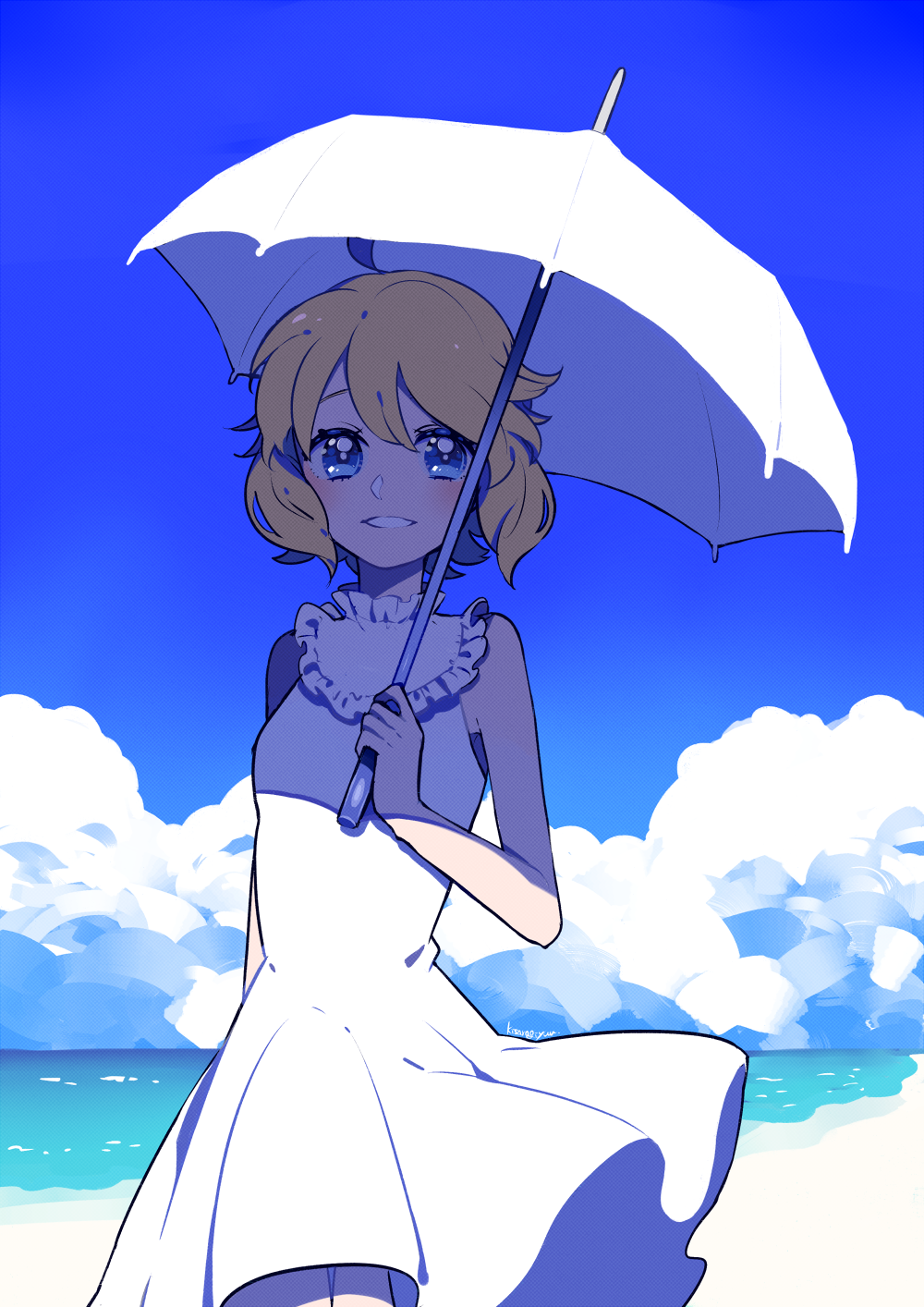 Anime girl with umbrella on beach HD Phone Wallpaper