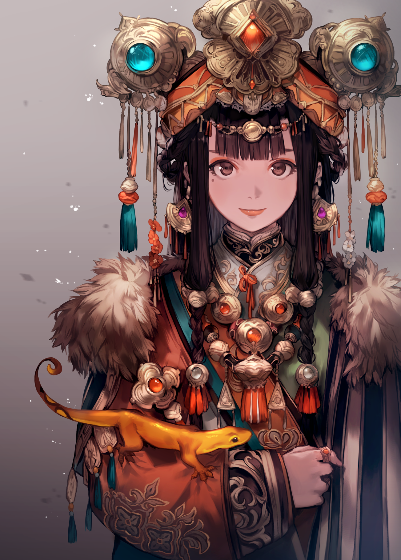 Anime girl in traditional costume with gecko HD Phone Wallpaper