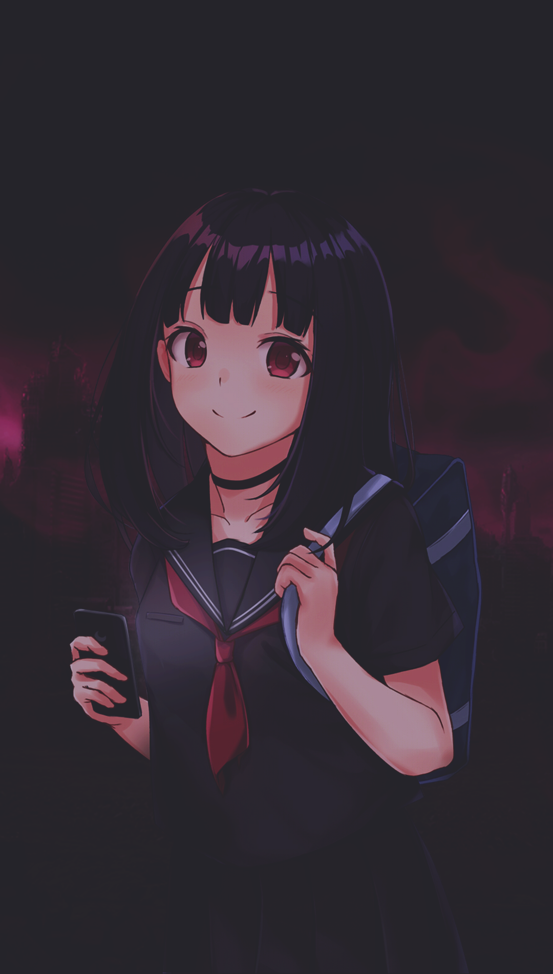Anime girl with red eyes holding a smartphone HD Phone Wallpaper