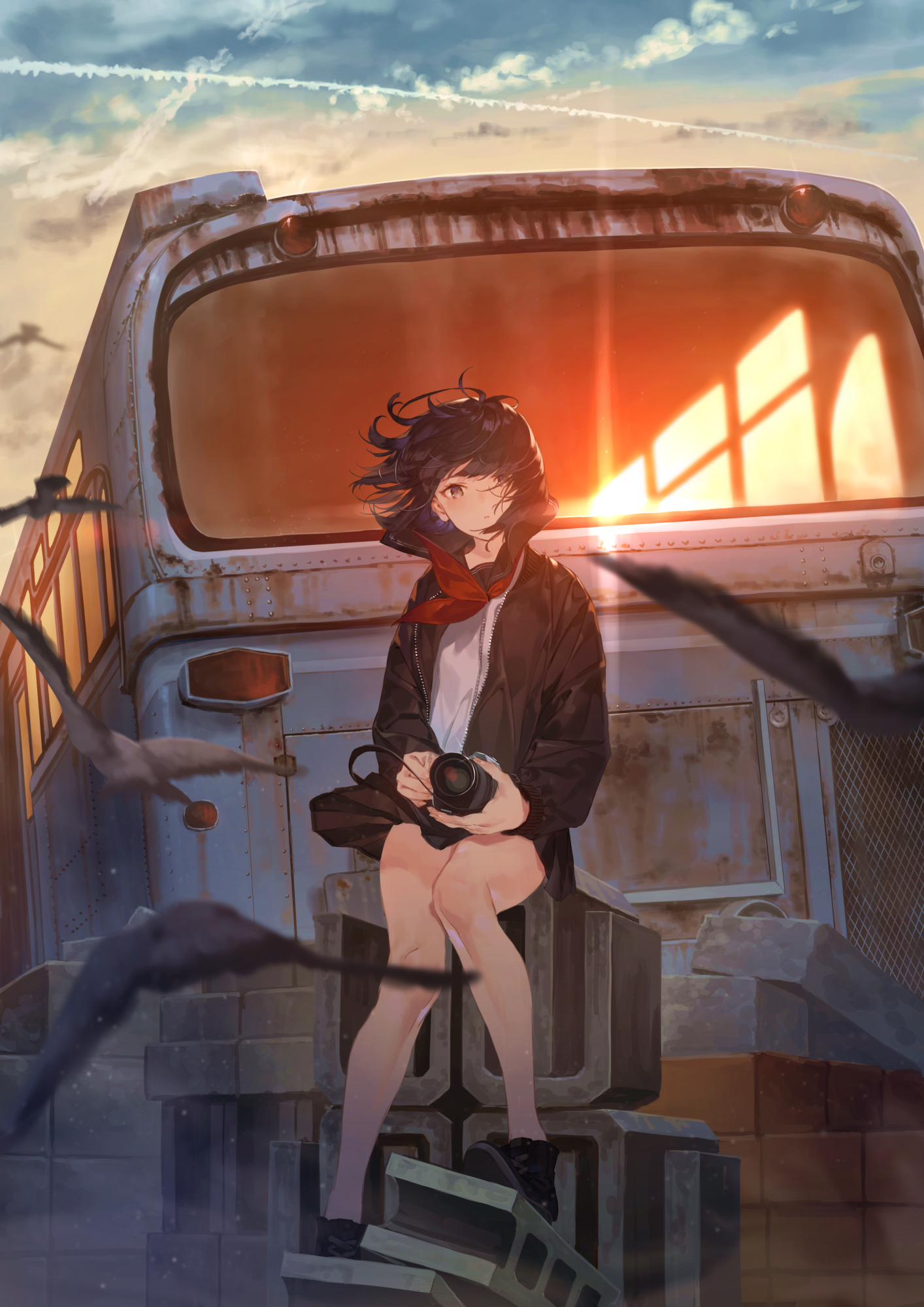 Anime girl with camera sitting on debris in front of bus HD Phone Wallpaper