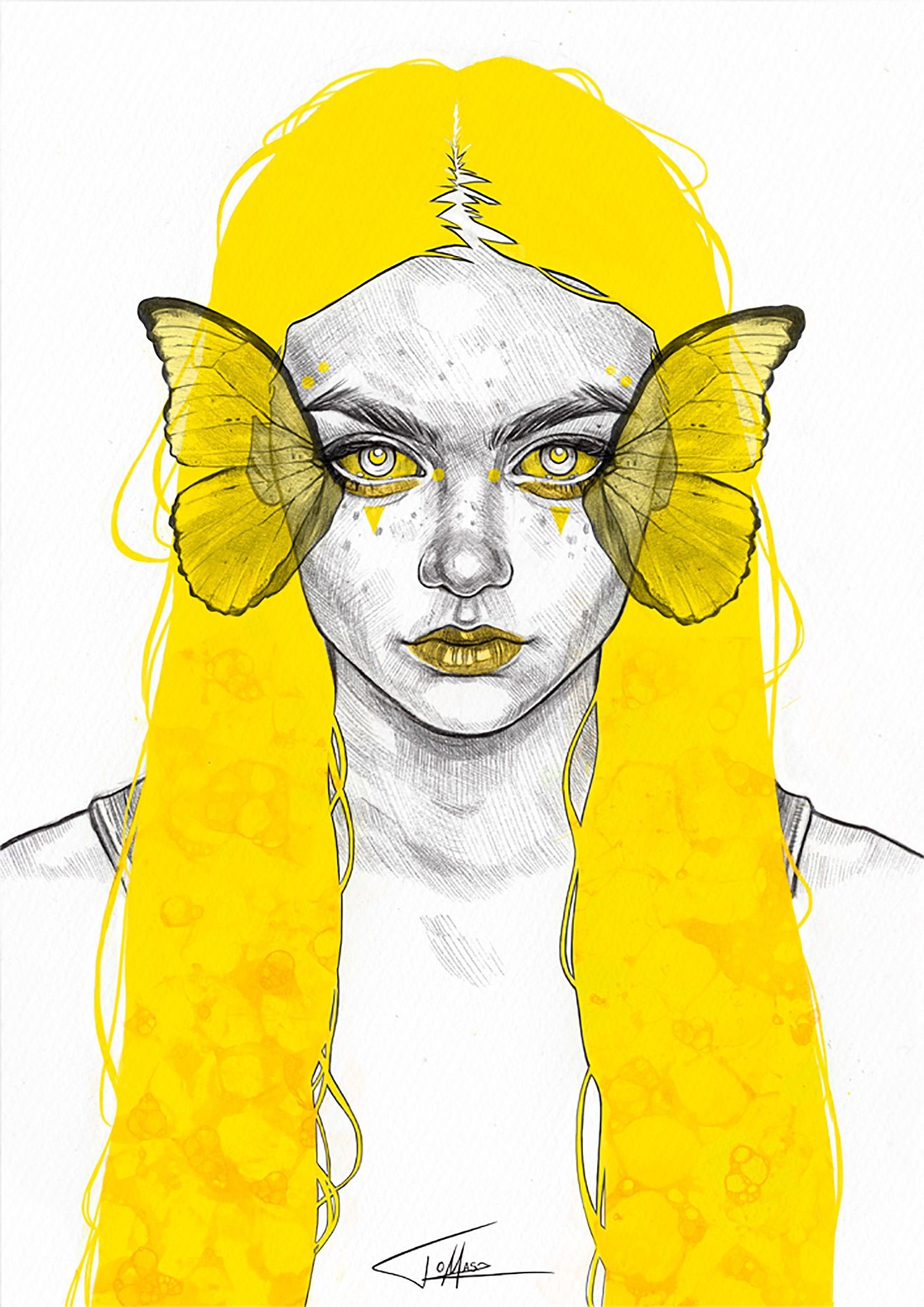 Woman with yellow butterfly wings and long yellow hair HD Phone Wallpaper