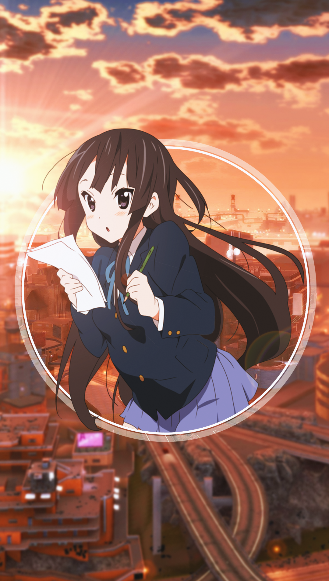 Akiyama Mio from K-ON! in a cityscape HD Phone Wallpaper